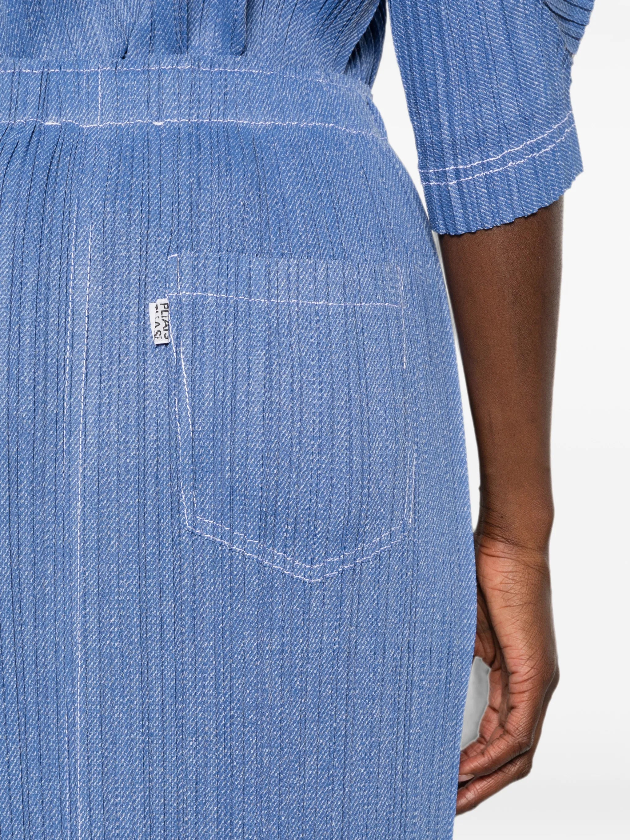 pleated denim midi skirt