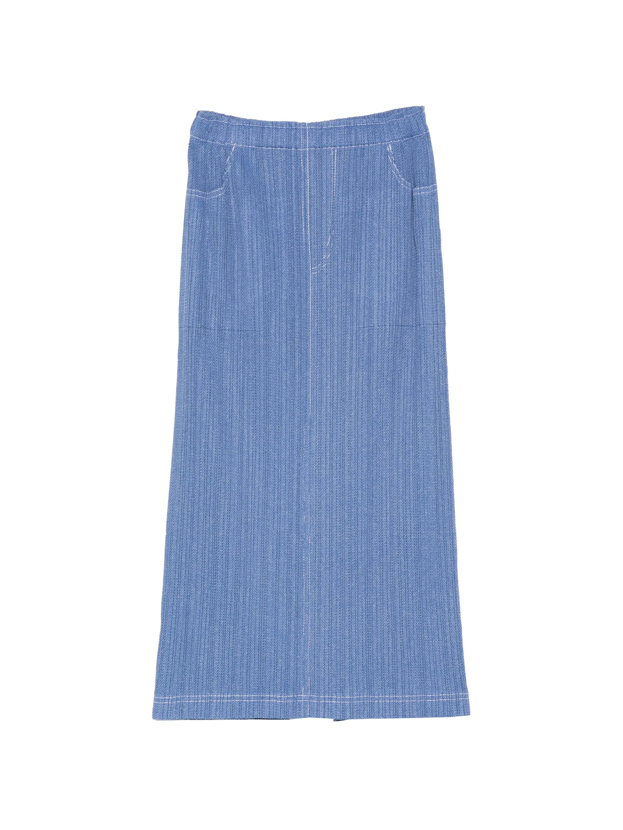 pleated denim midi skirt