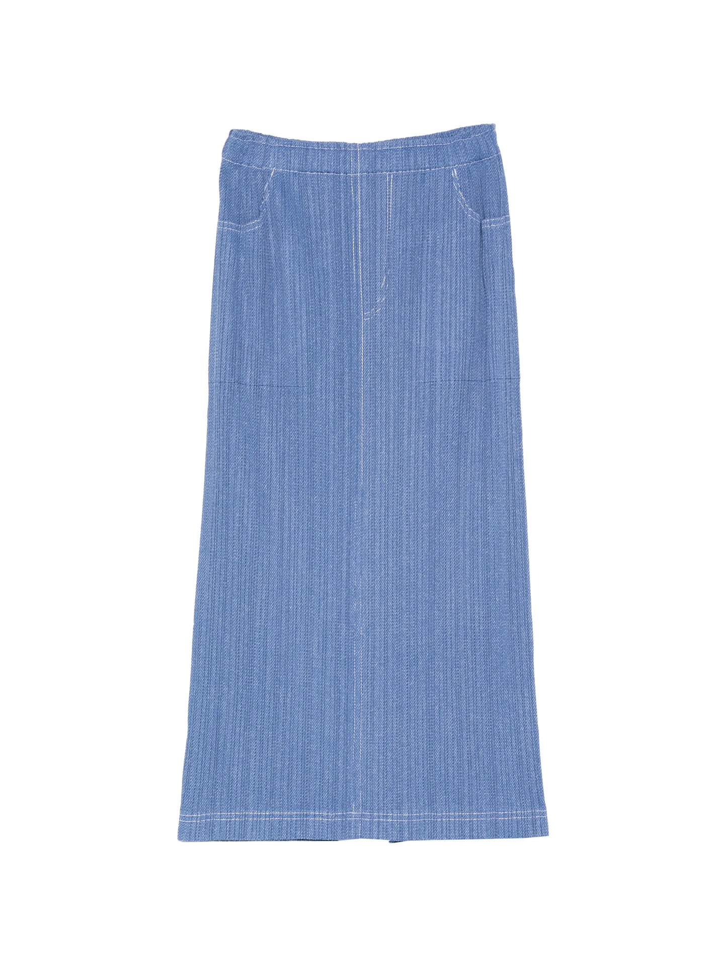 pleated denim midi skirt