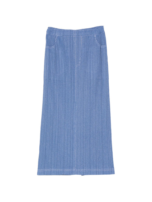 pleated denim midi skirt