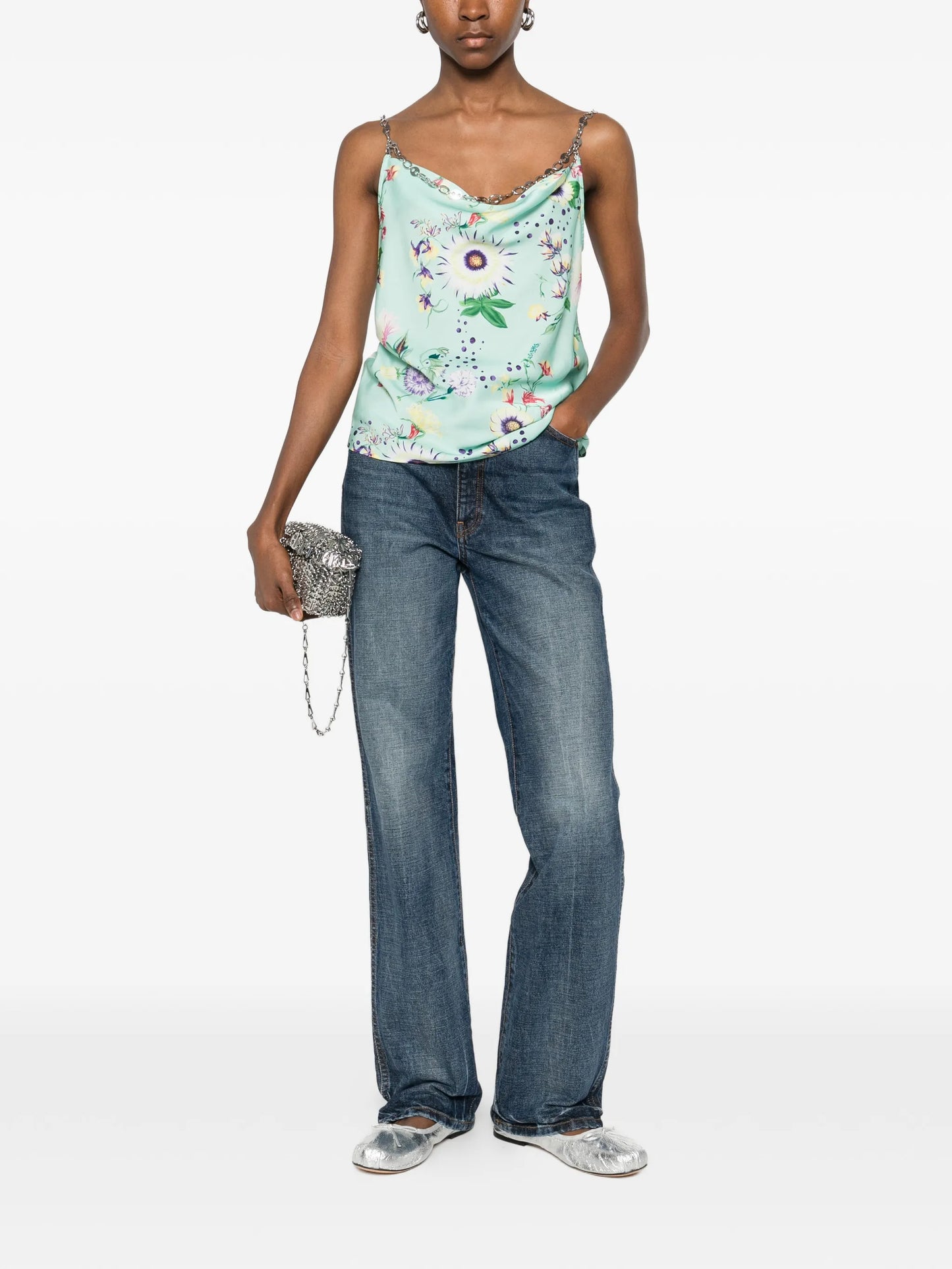 chain-detail cowl-neck floral-print top