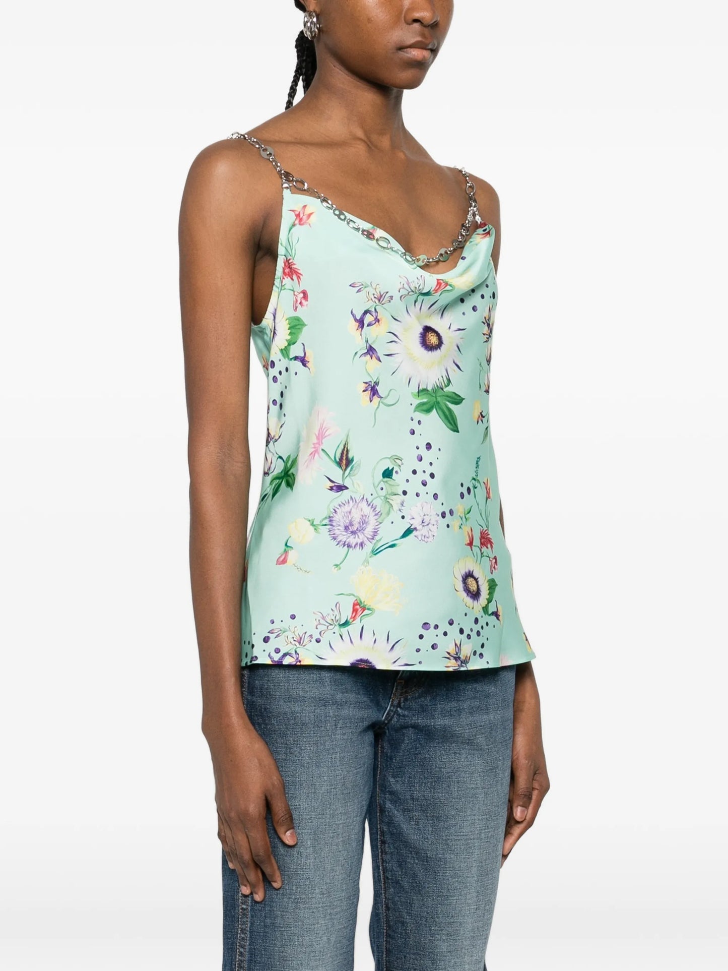 chain-detail cowl-neck floral-print top