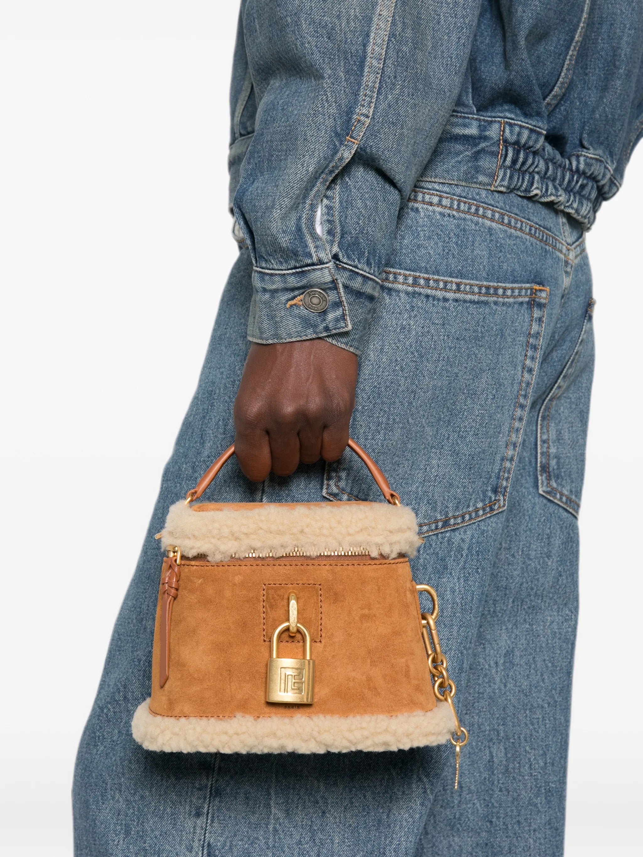Pulse Vanity shearling-trim top handle bag