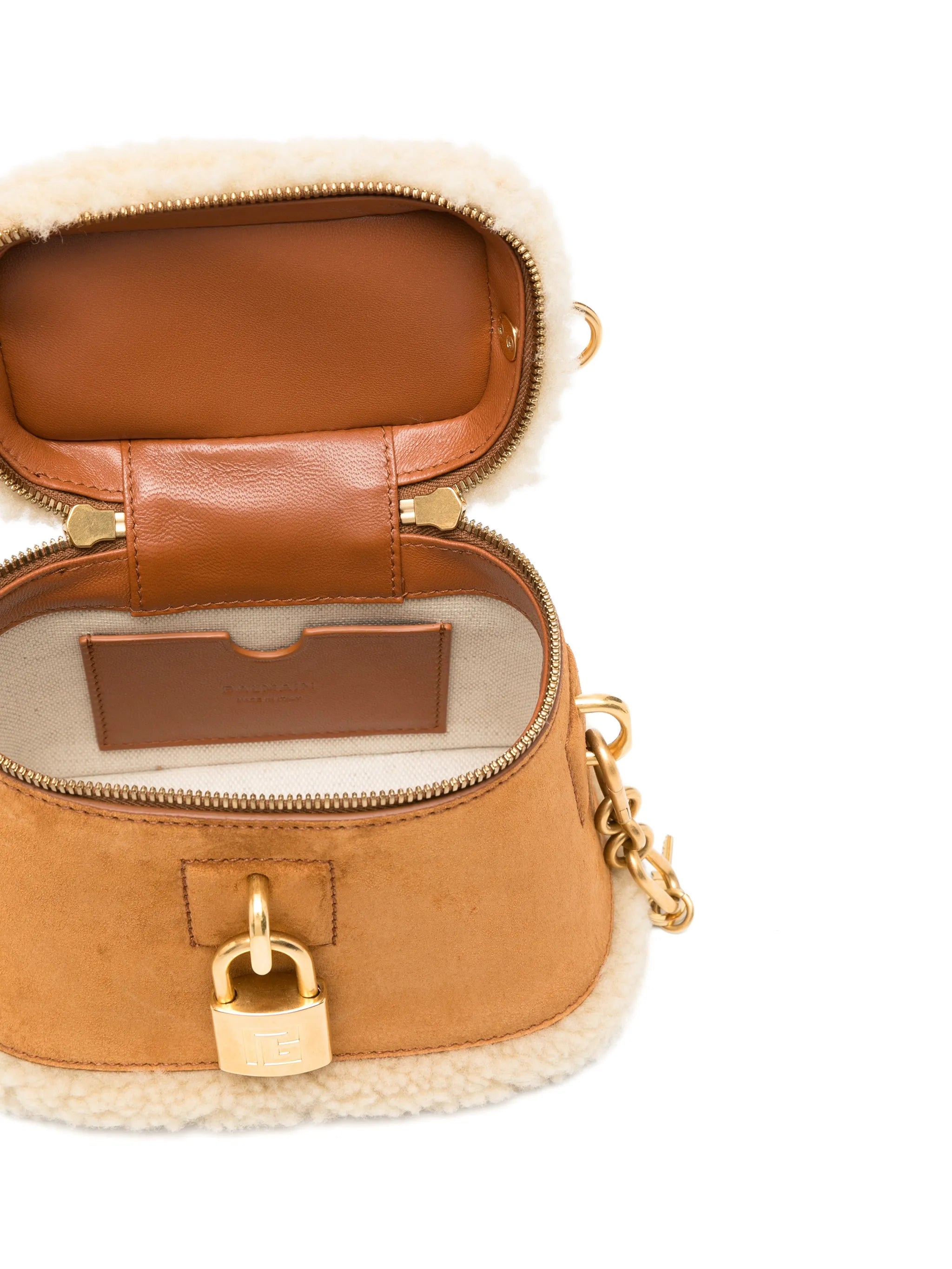 Pulse Vanity shearling-trim top handle bag