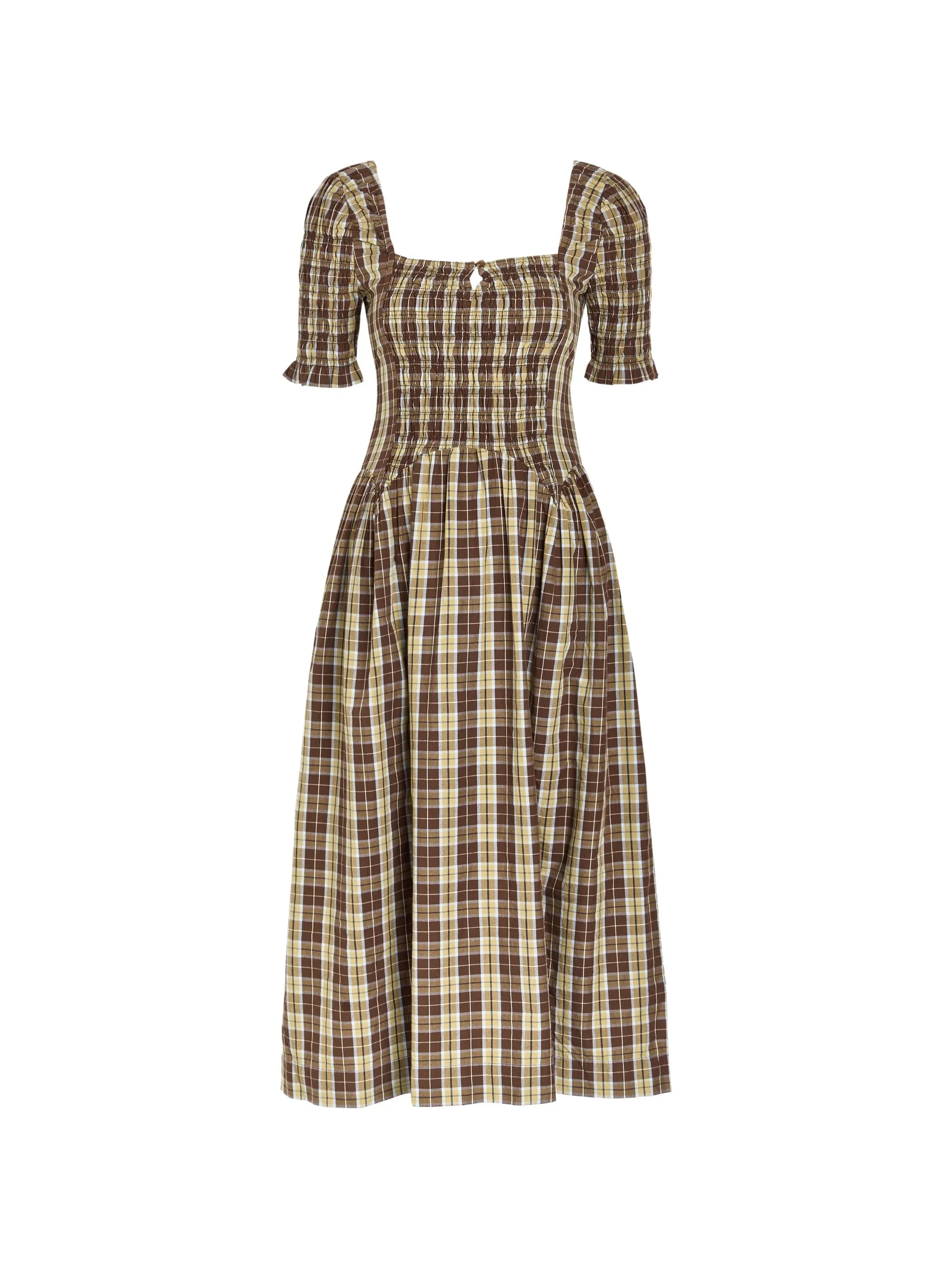 Emmy shirred checked midi dress