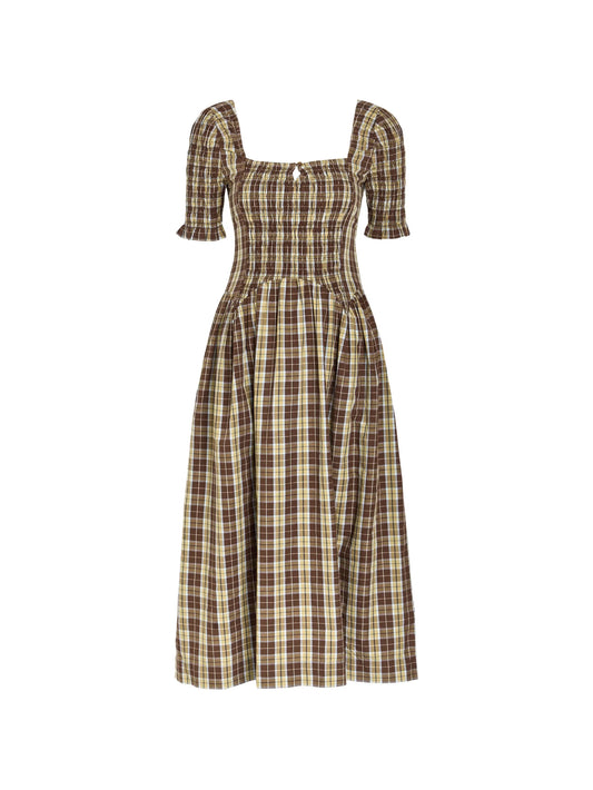 Emmy shirred checked midi dress