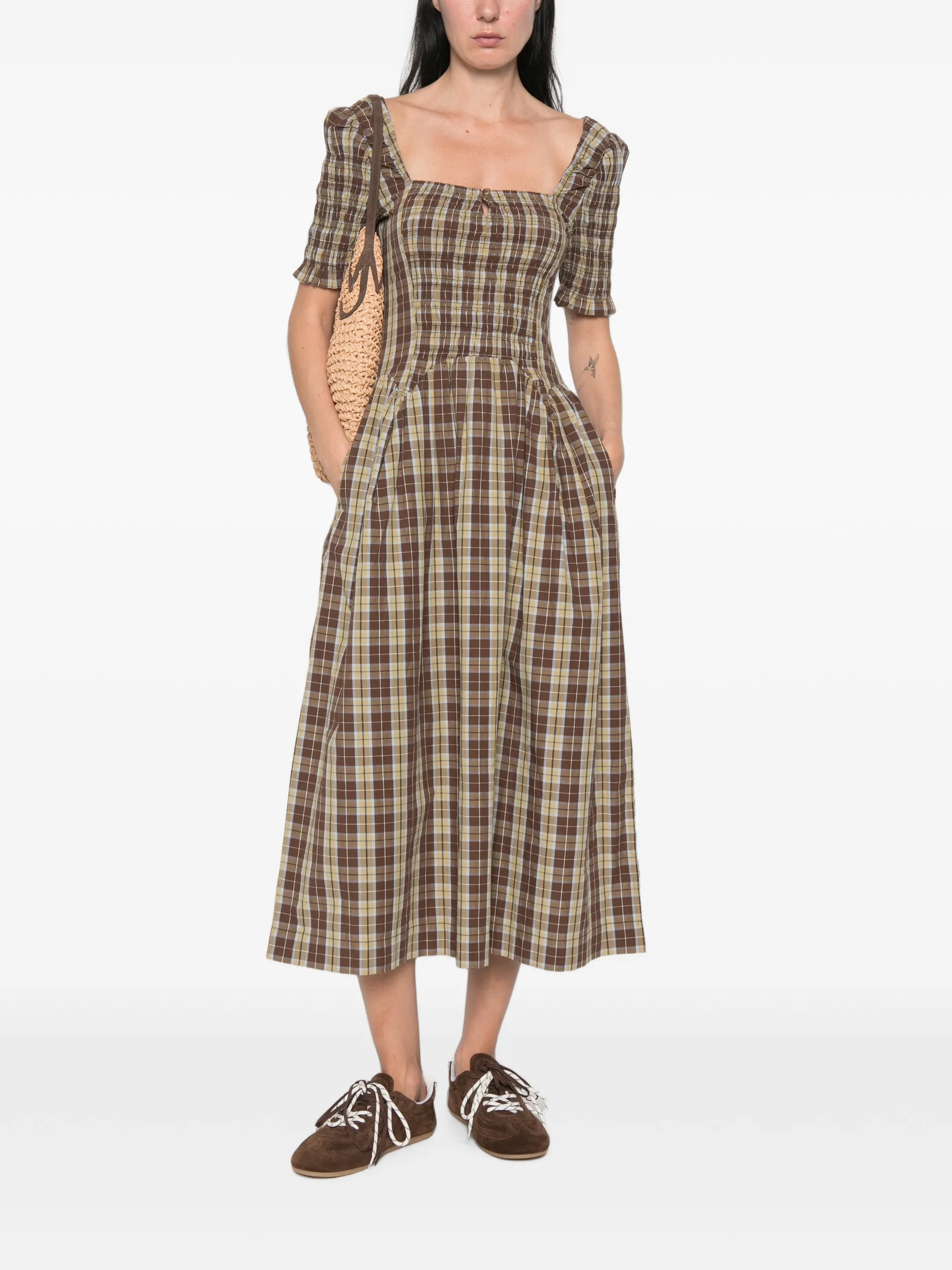 Emmy shirred checked midi dress