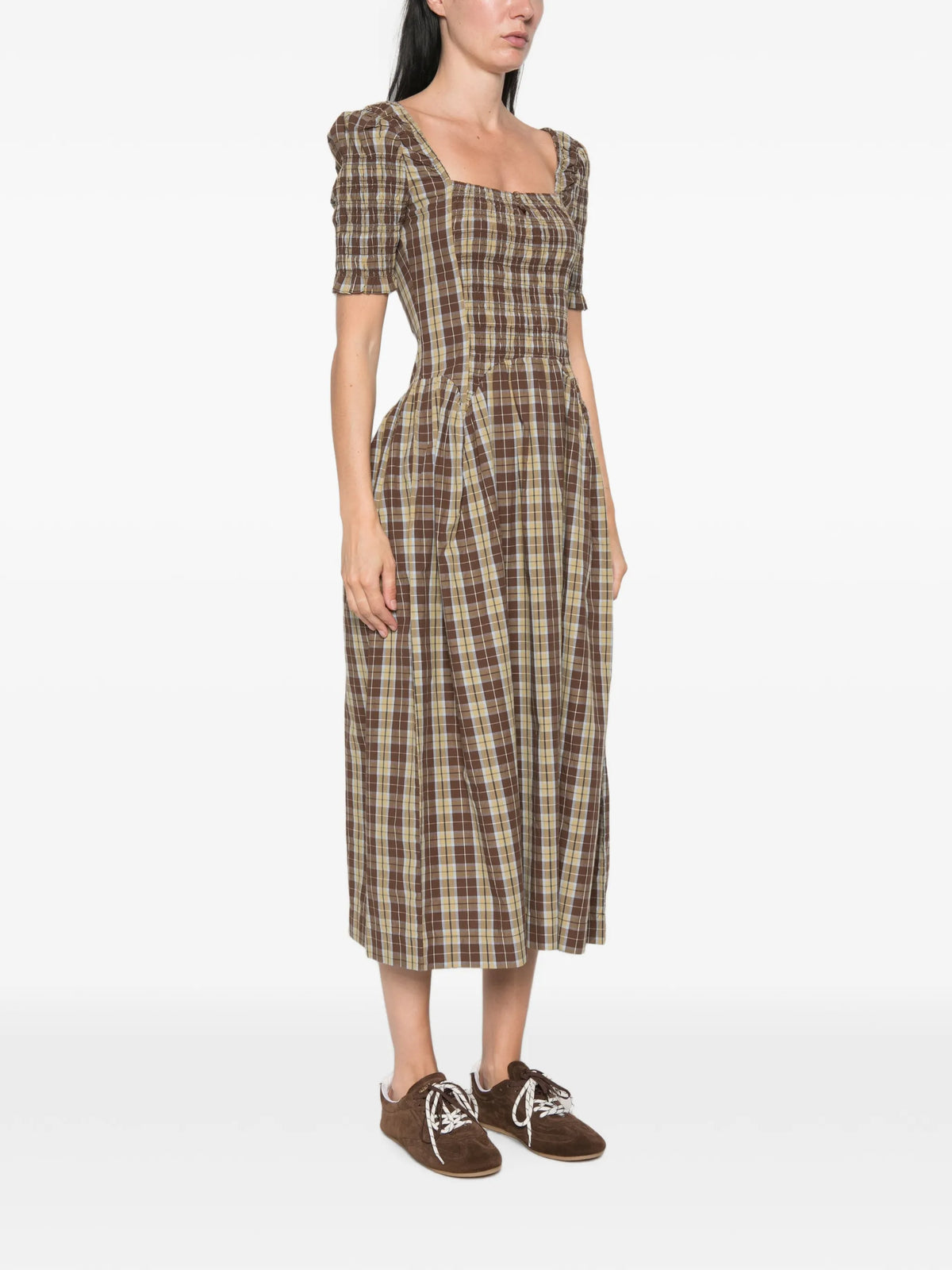 Emmy shirred checked midi dress