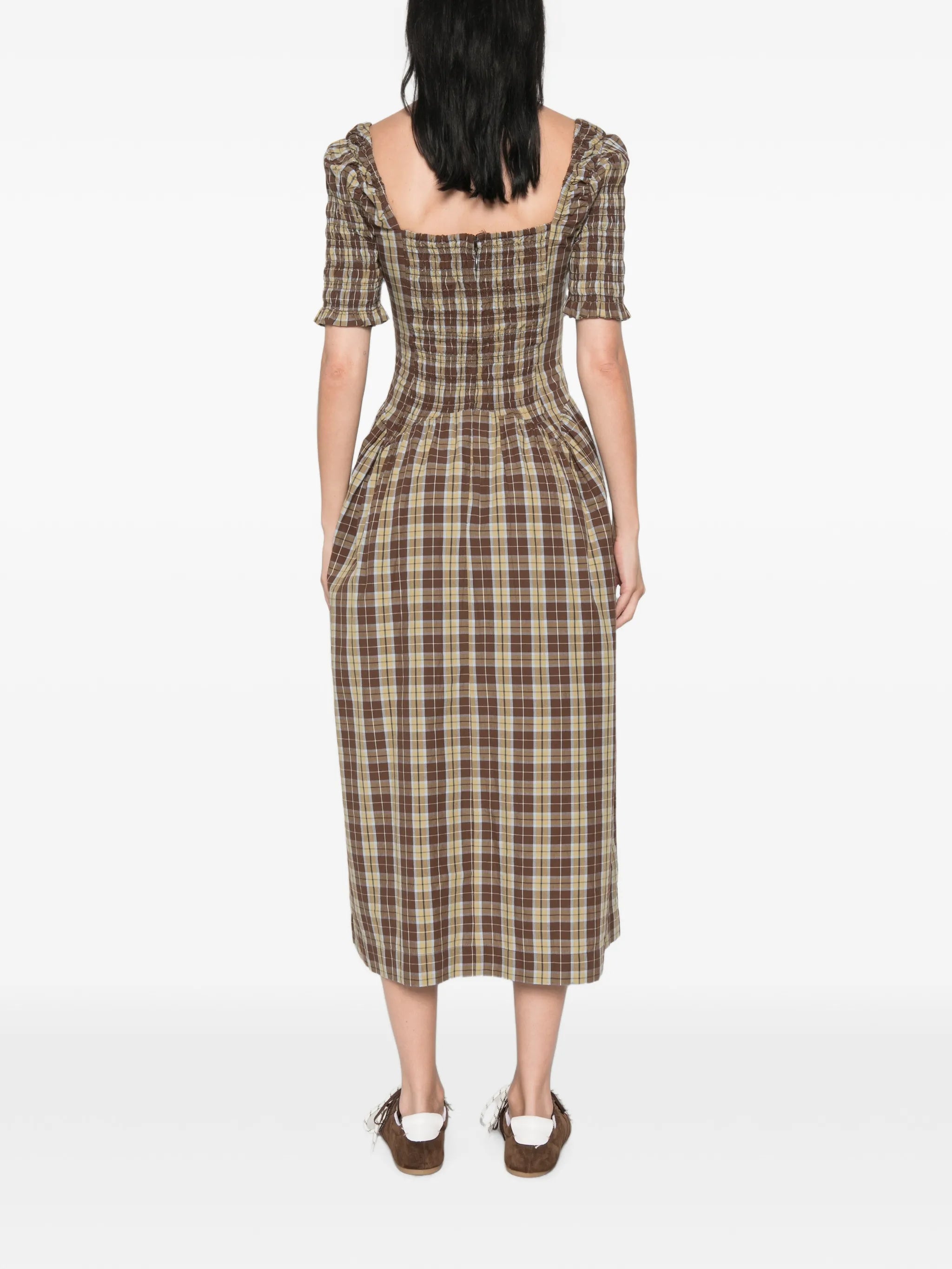 Emmy shirred checked midi dress
