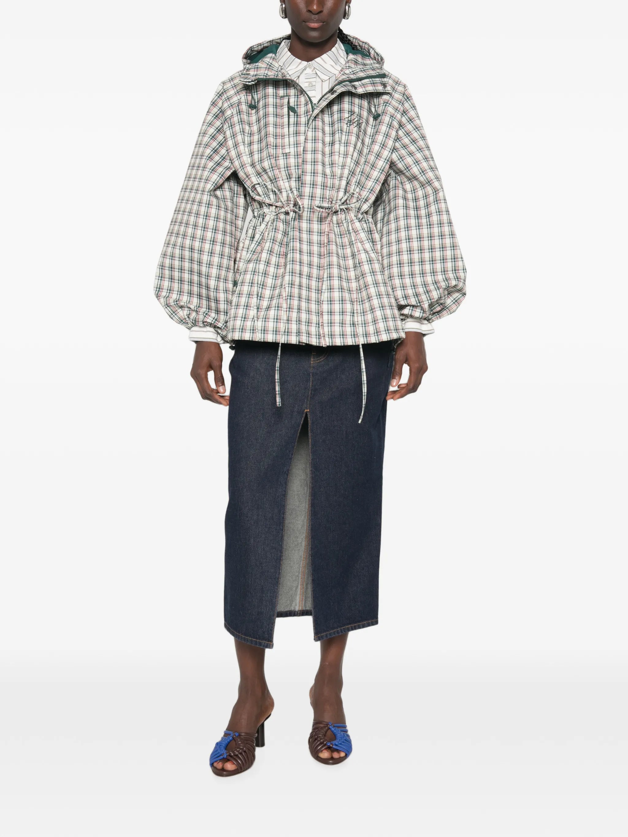 Liu check drawstring raincoat