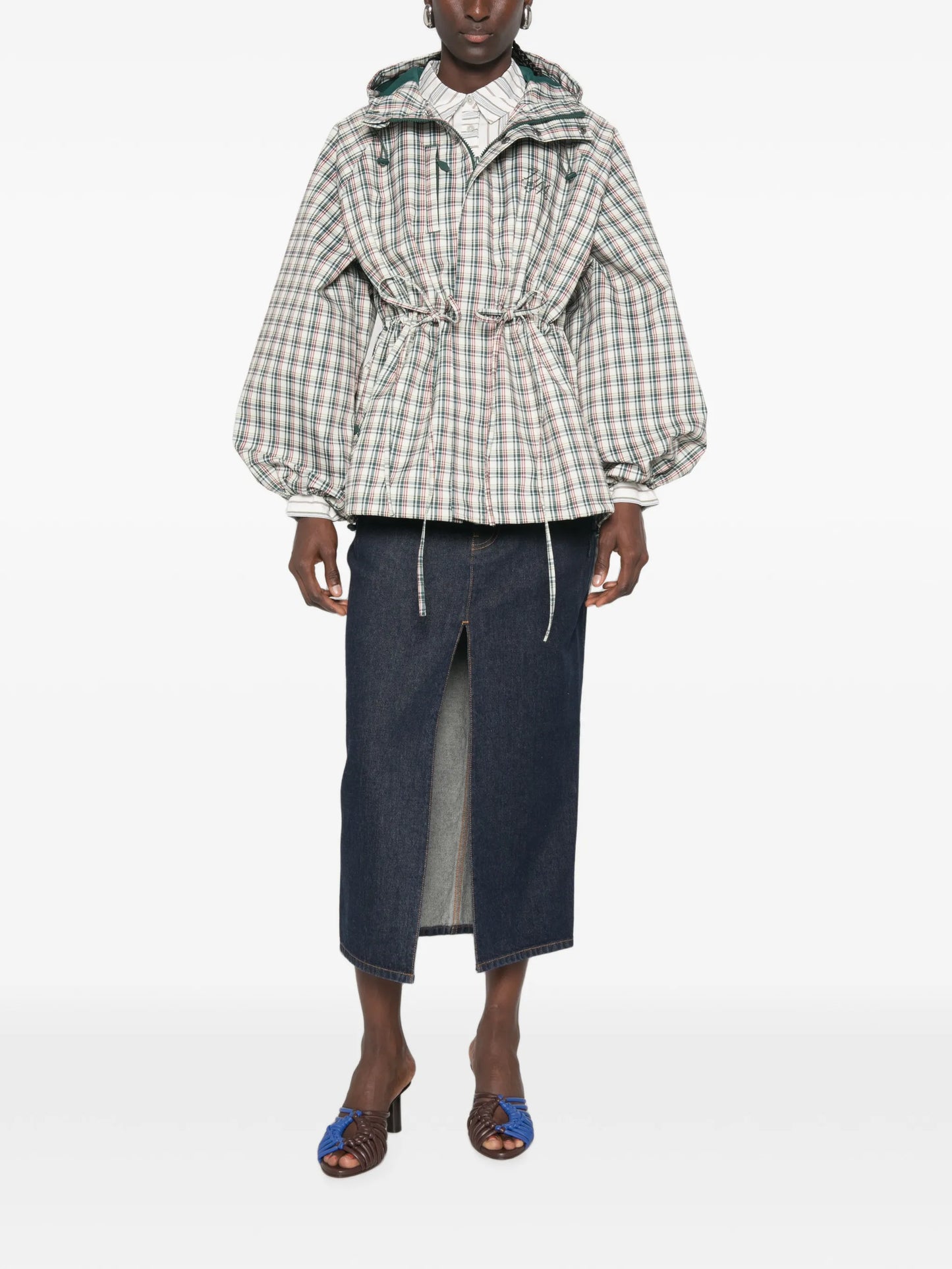 Liu check drawstring raincoat