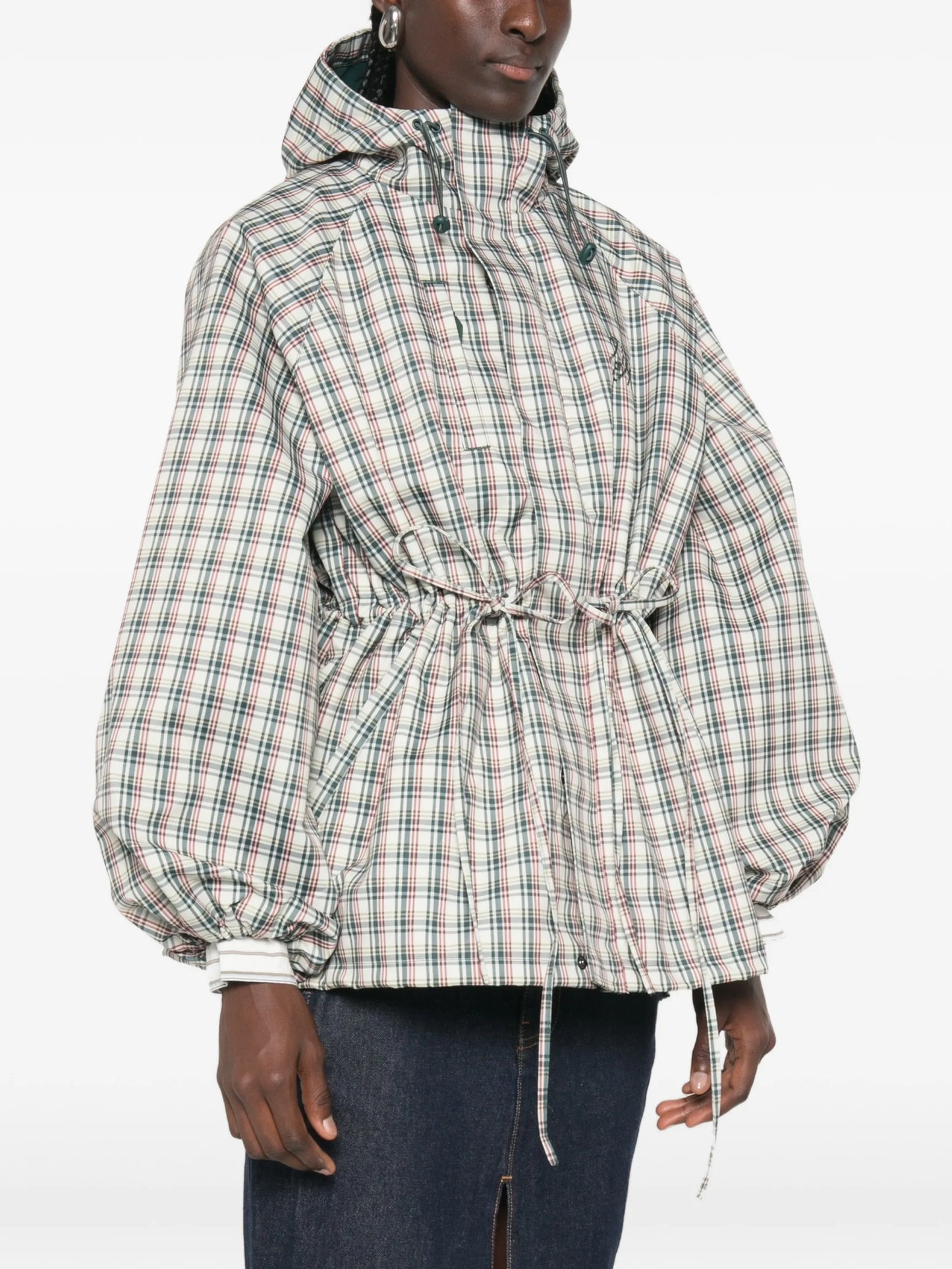 Liu check drawstring raincoat