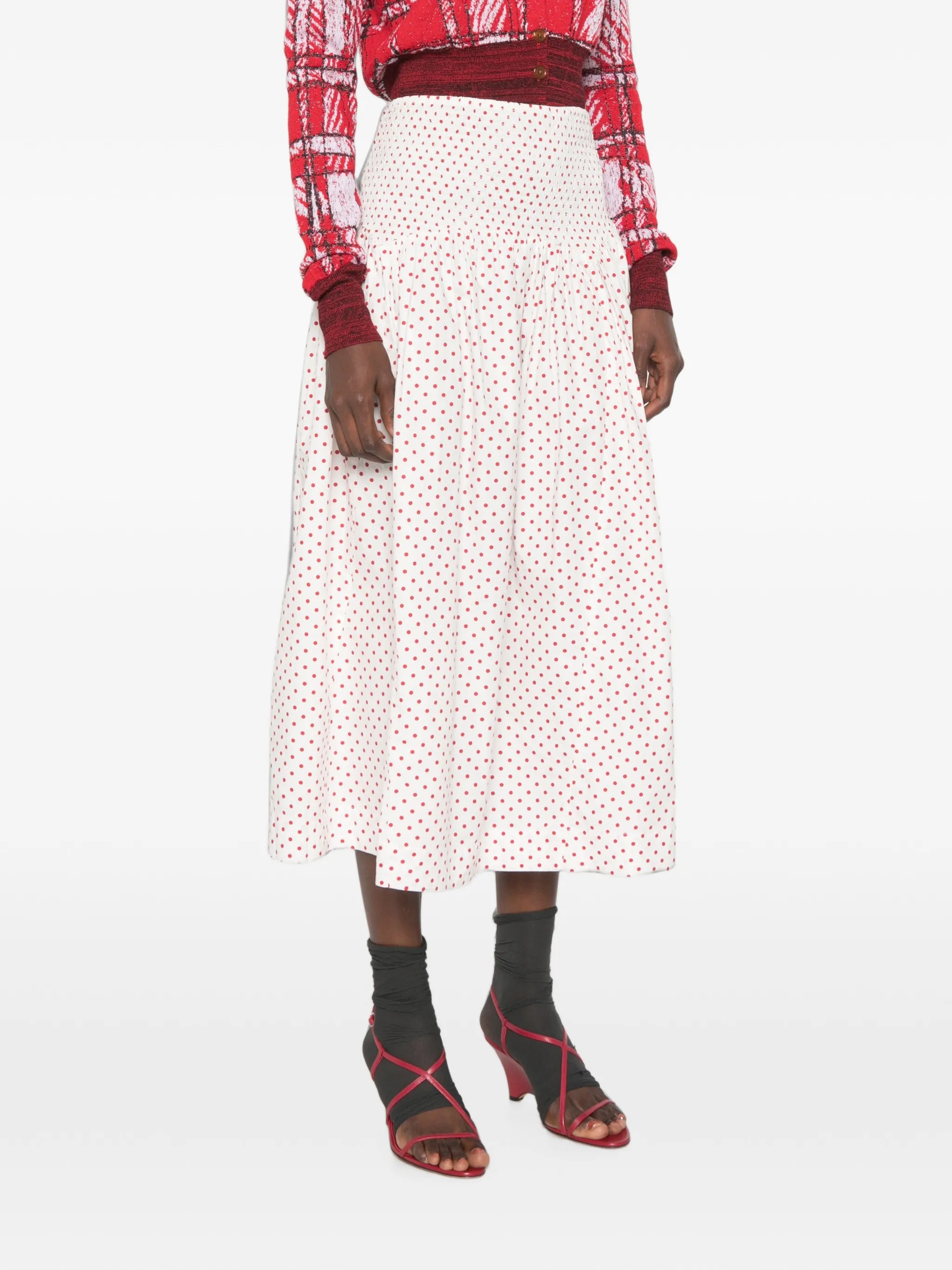 Layla polka-dot smocked midi skirt