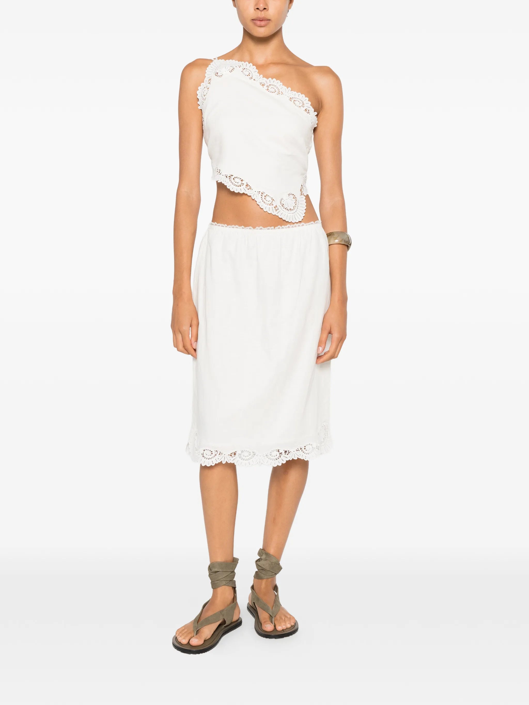 Darya lace-trim linen midi skirt
