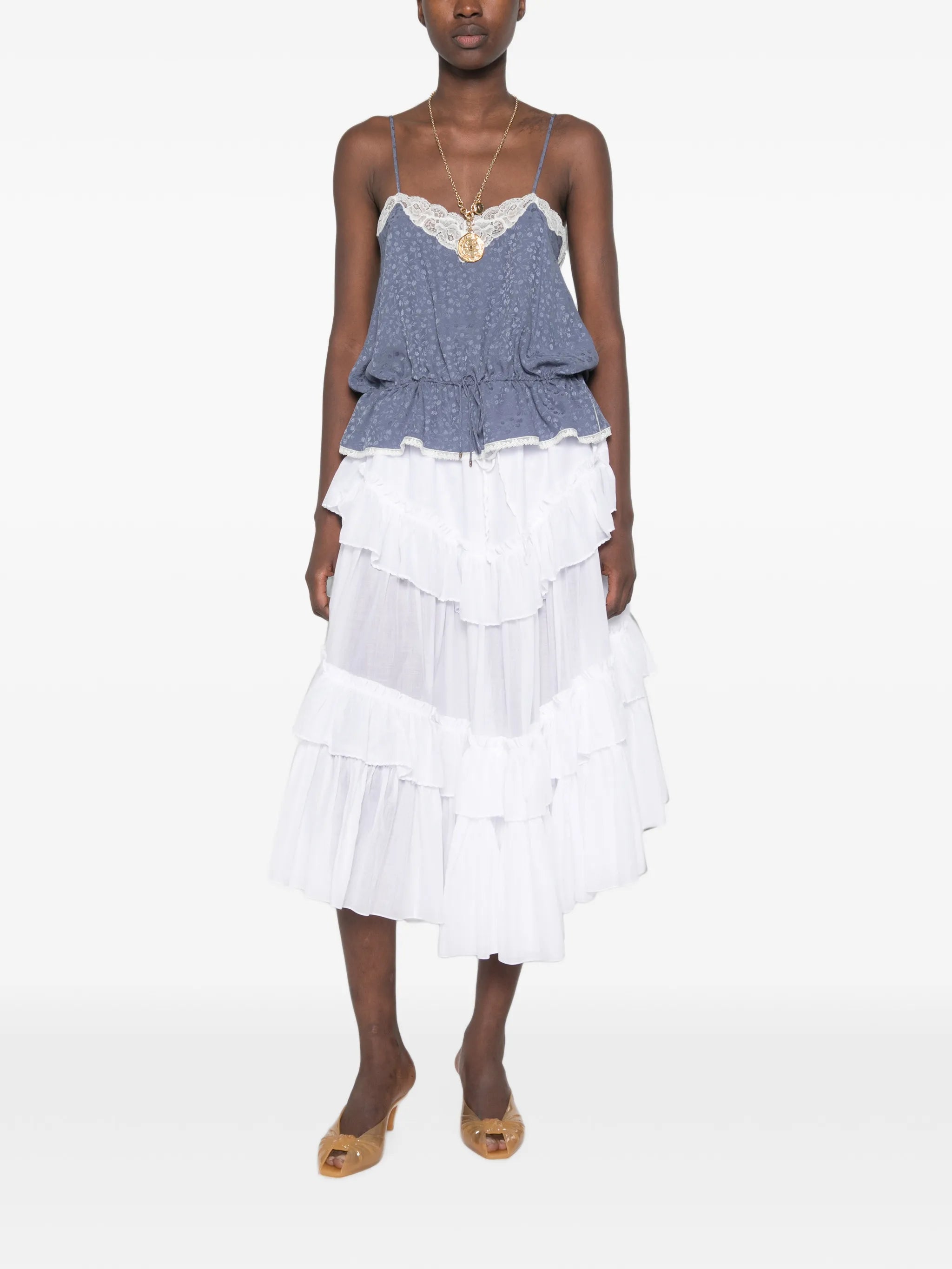 ruffled-trim tiered midi skirt
