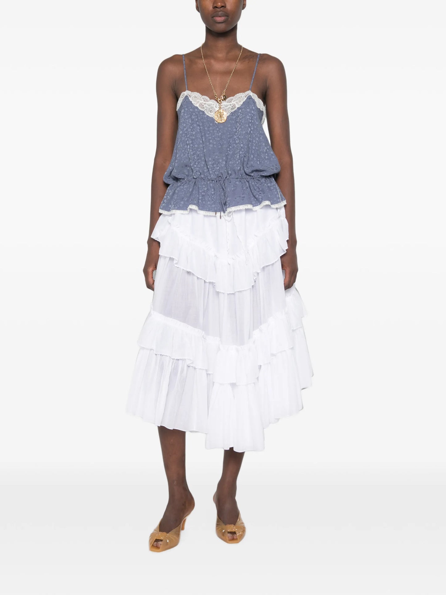 ruffled-trim tiered midi skirt