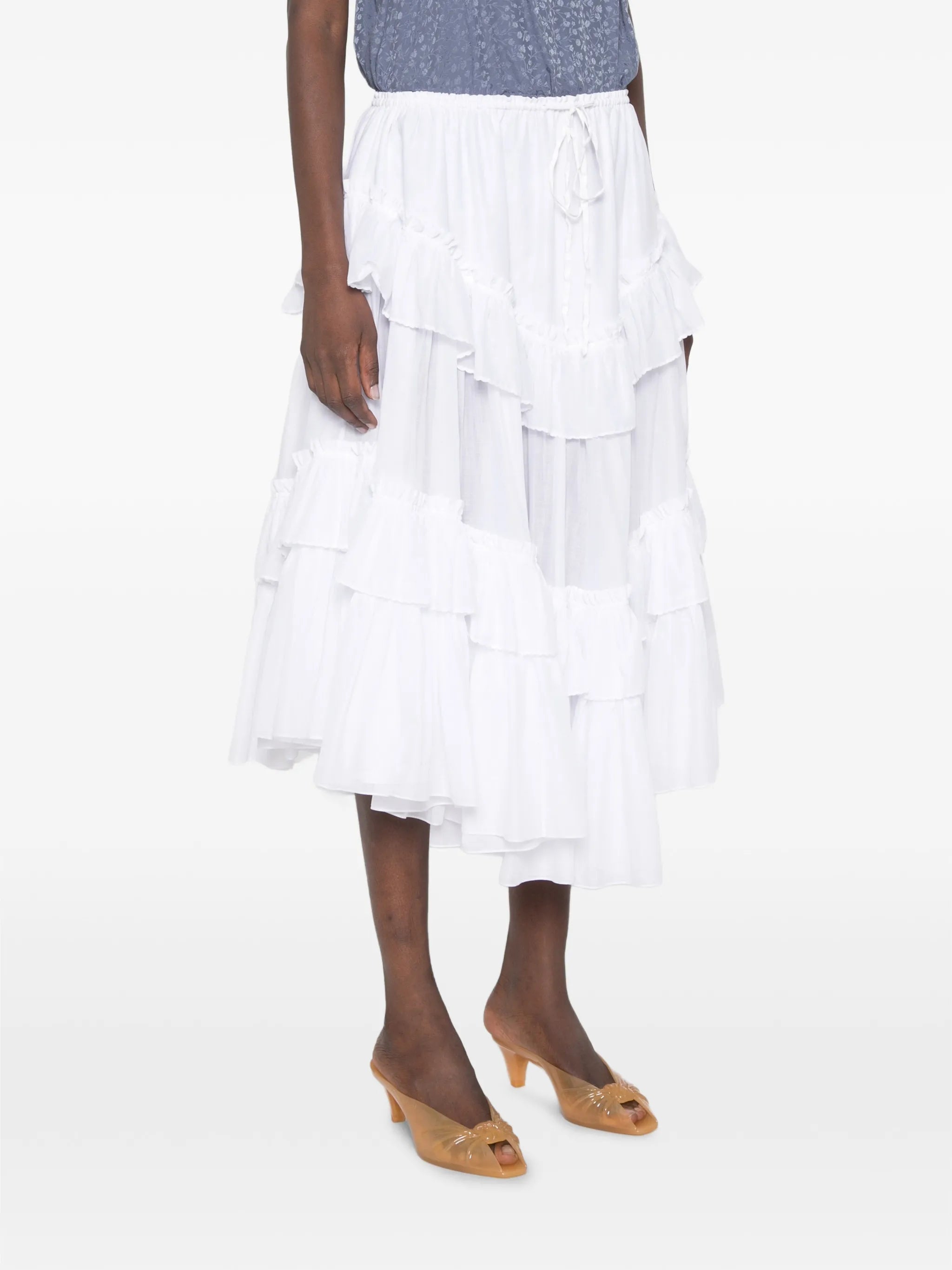 ruffled-trim tiered midi skirt