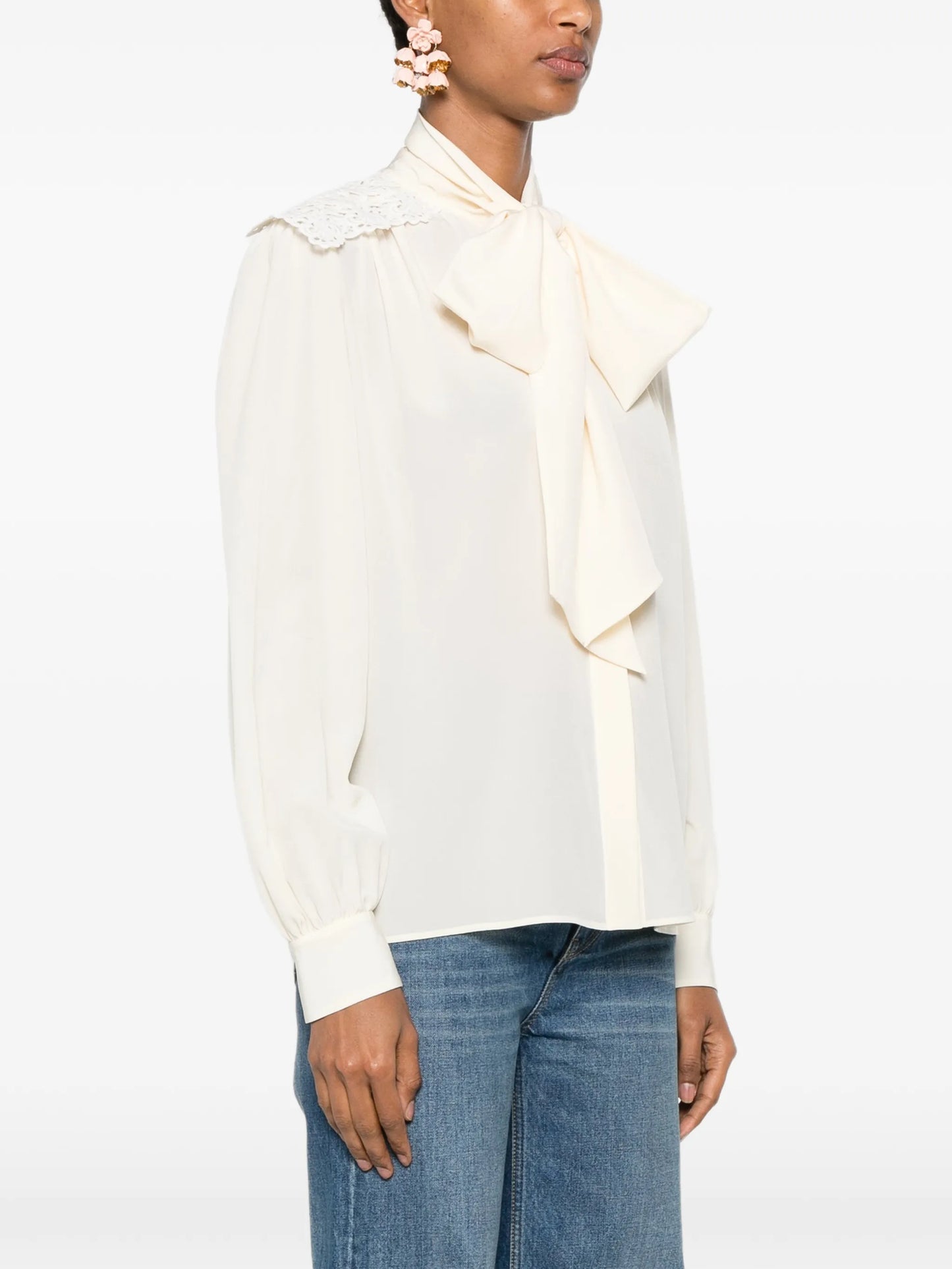 lace-panelled pussy-bow blouse