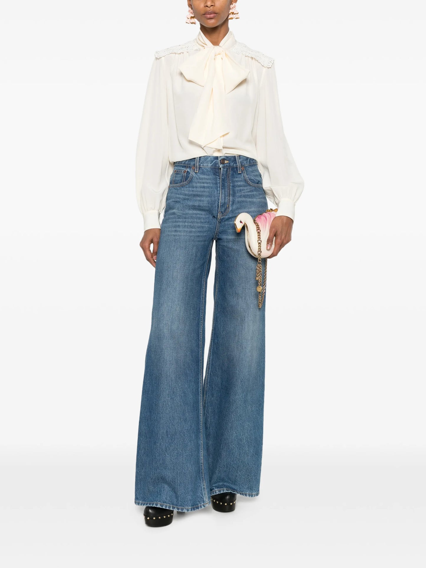 lace-panelled pussy-bow blouse