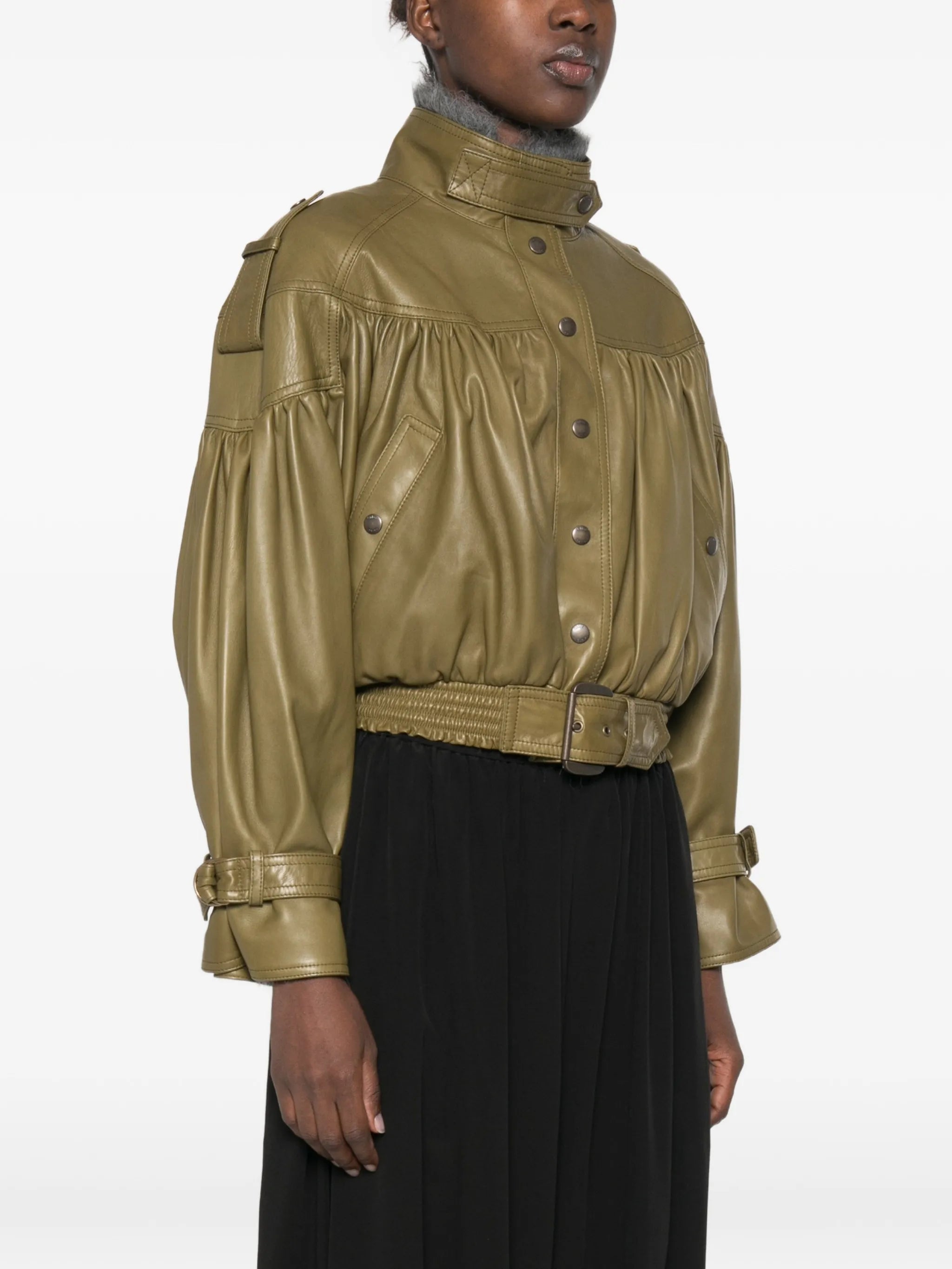 belted gathered leather jacket