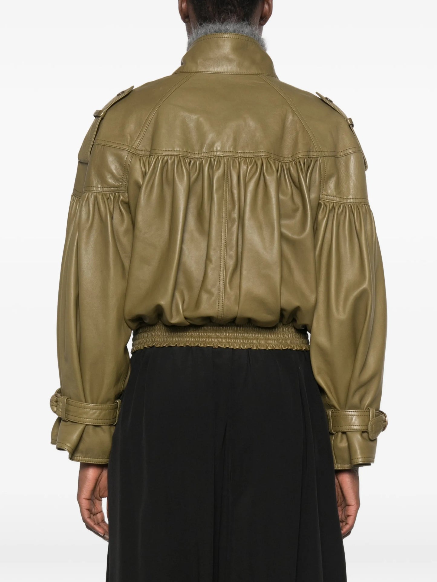 belted gathered leather jacket