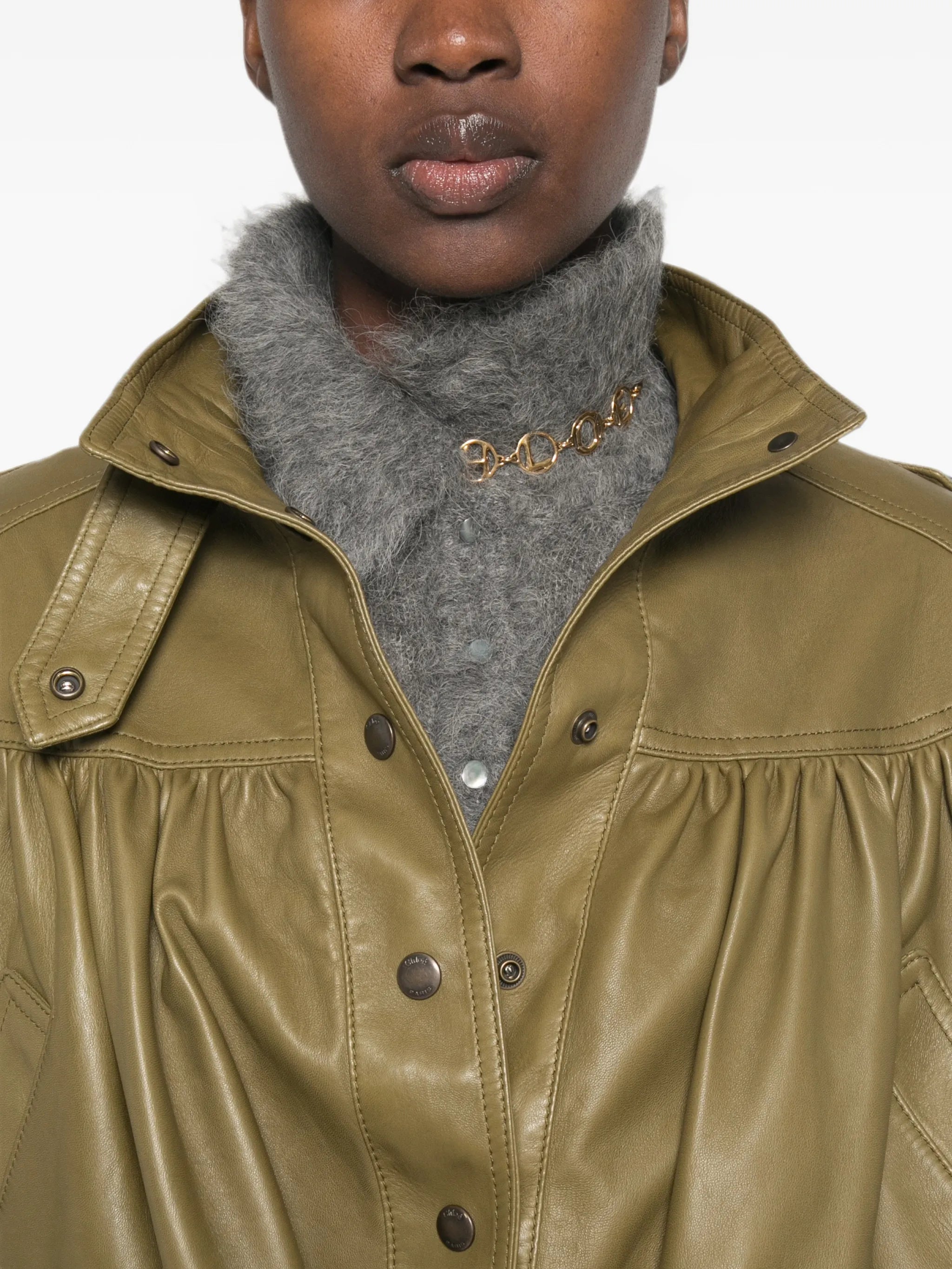 belted gathered leather jacket