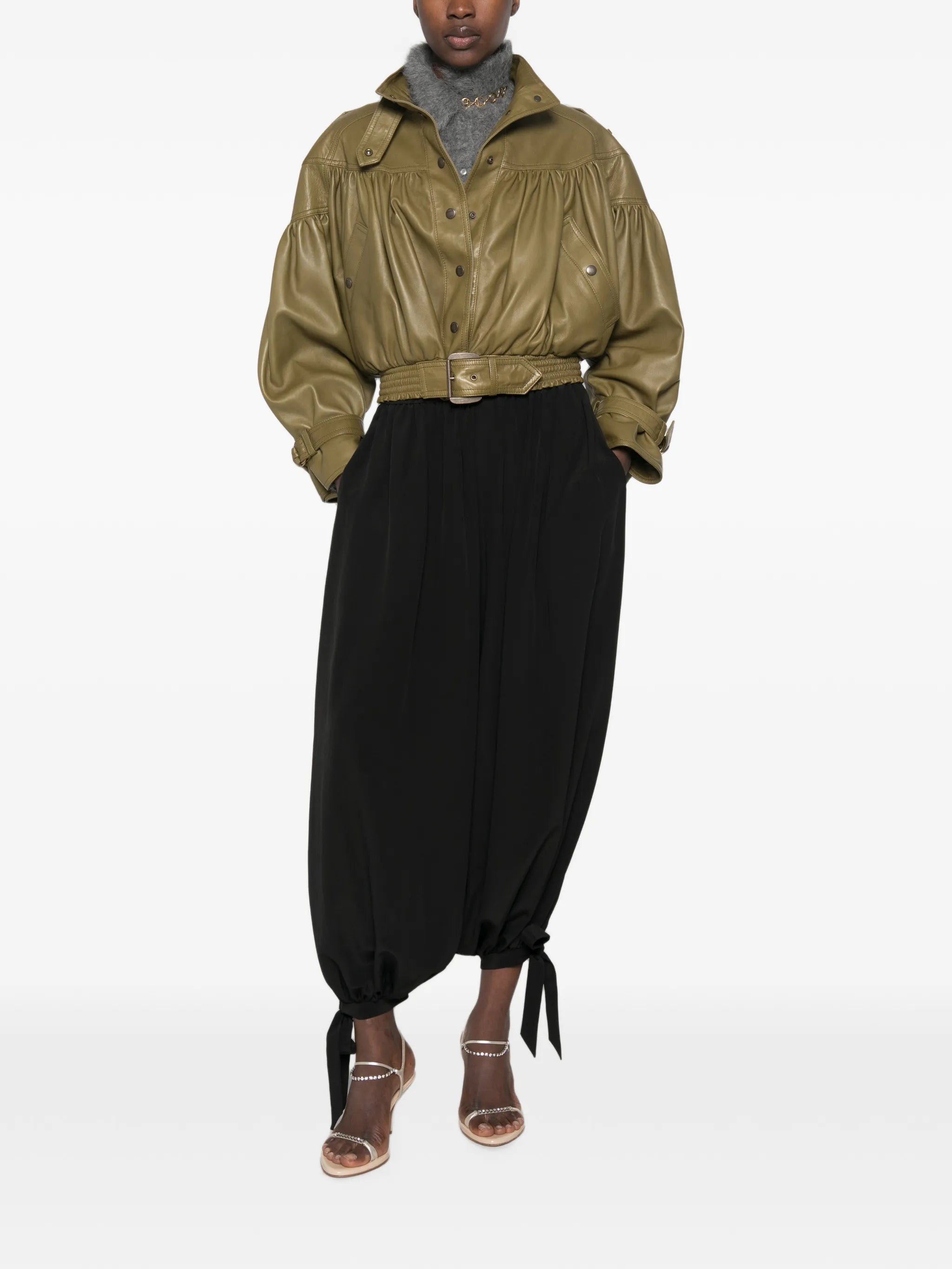 belted gathered leather jacket