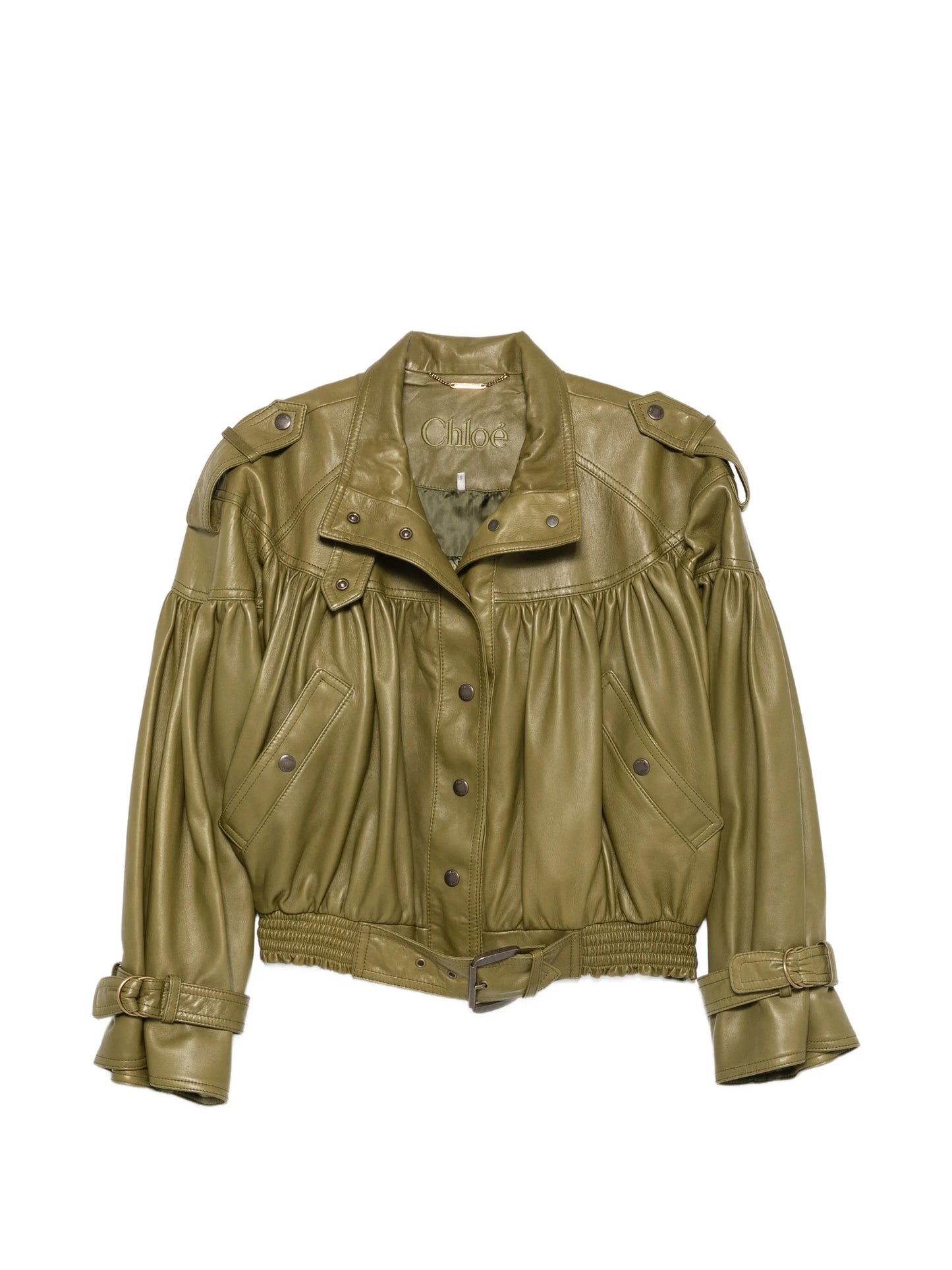 belted gathered leather jacket