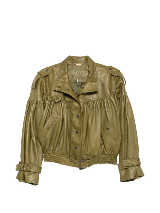 belted gathered leather jacket