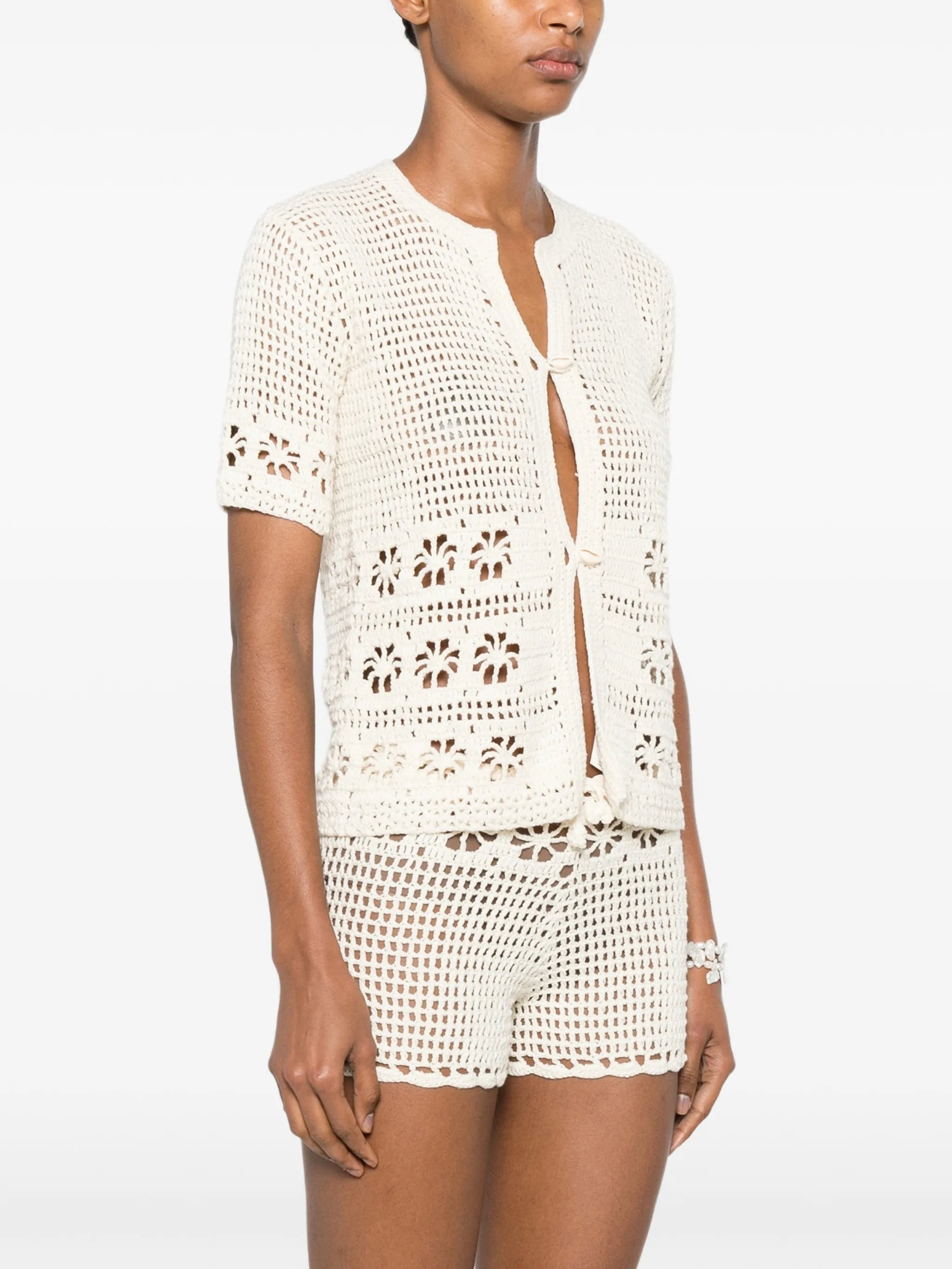 crochet-knit shell-embellished cardigan