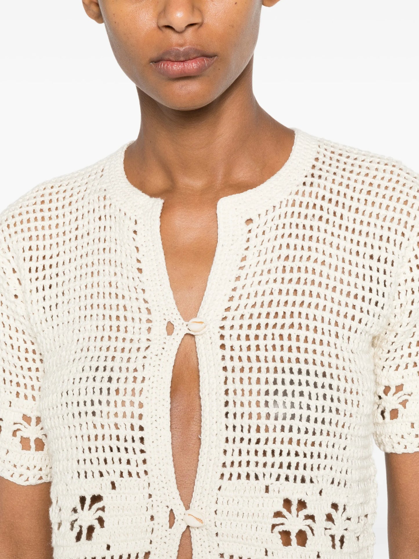 crochet-knit shell-embellished cardigan