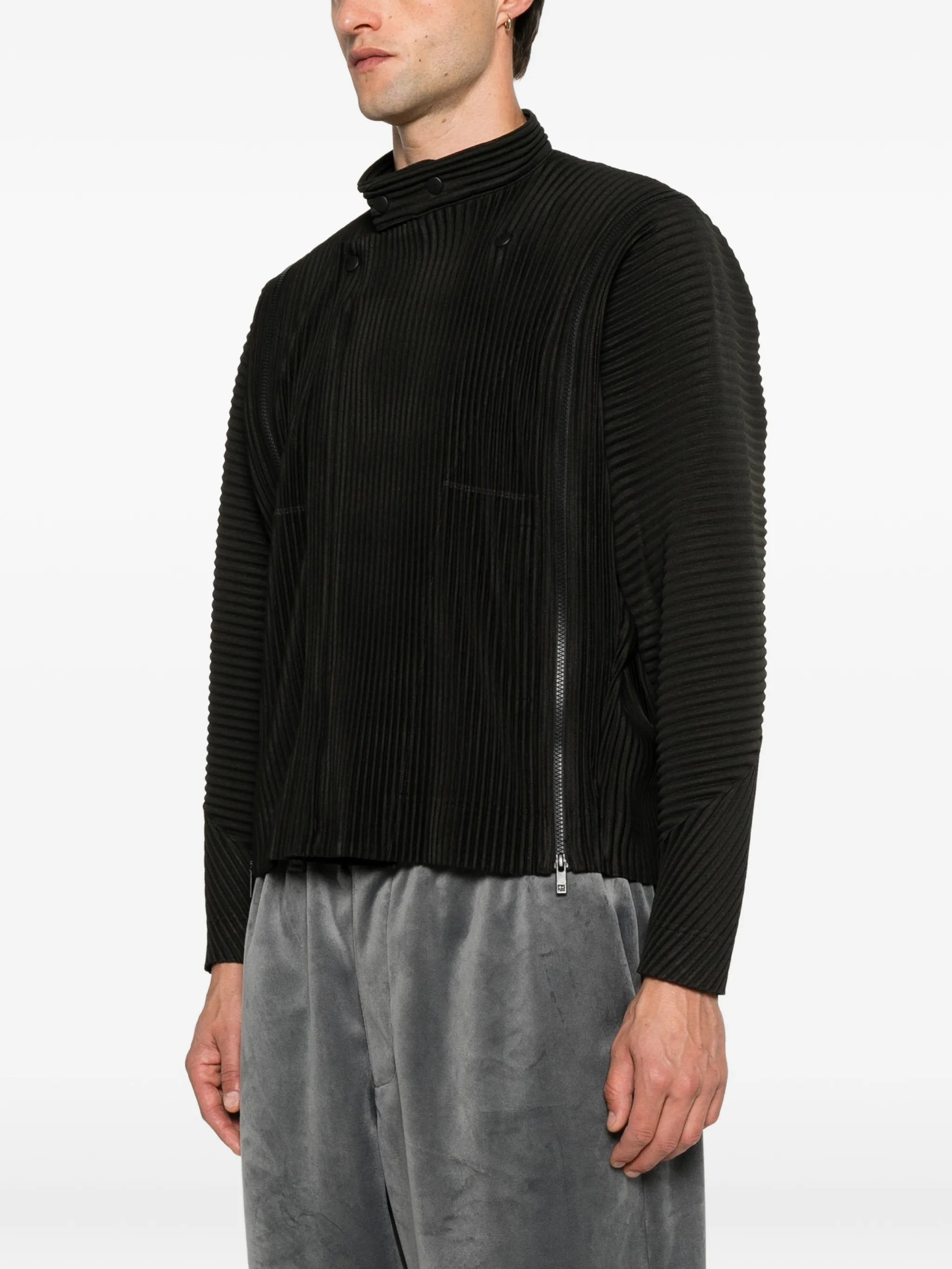 pleated-texture zip-fastening jacket