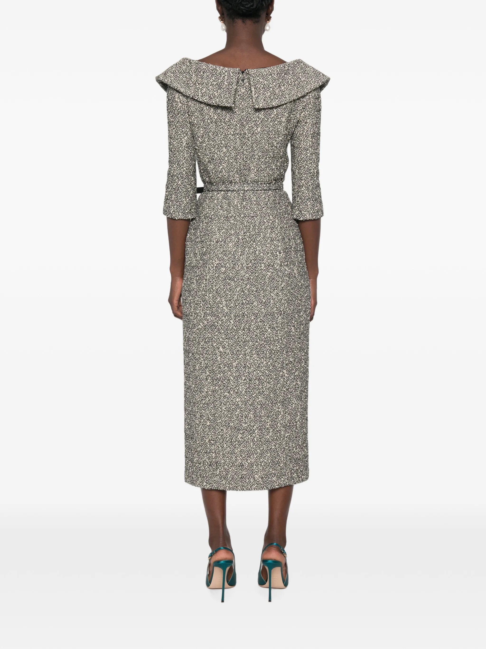 off-shoulder sequin-tweed midi dress