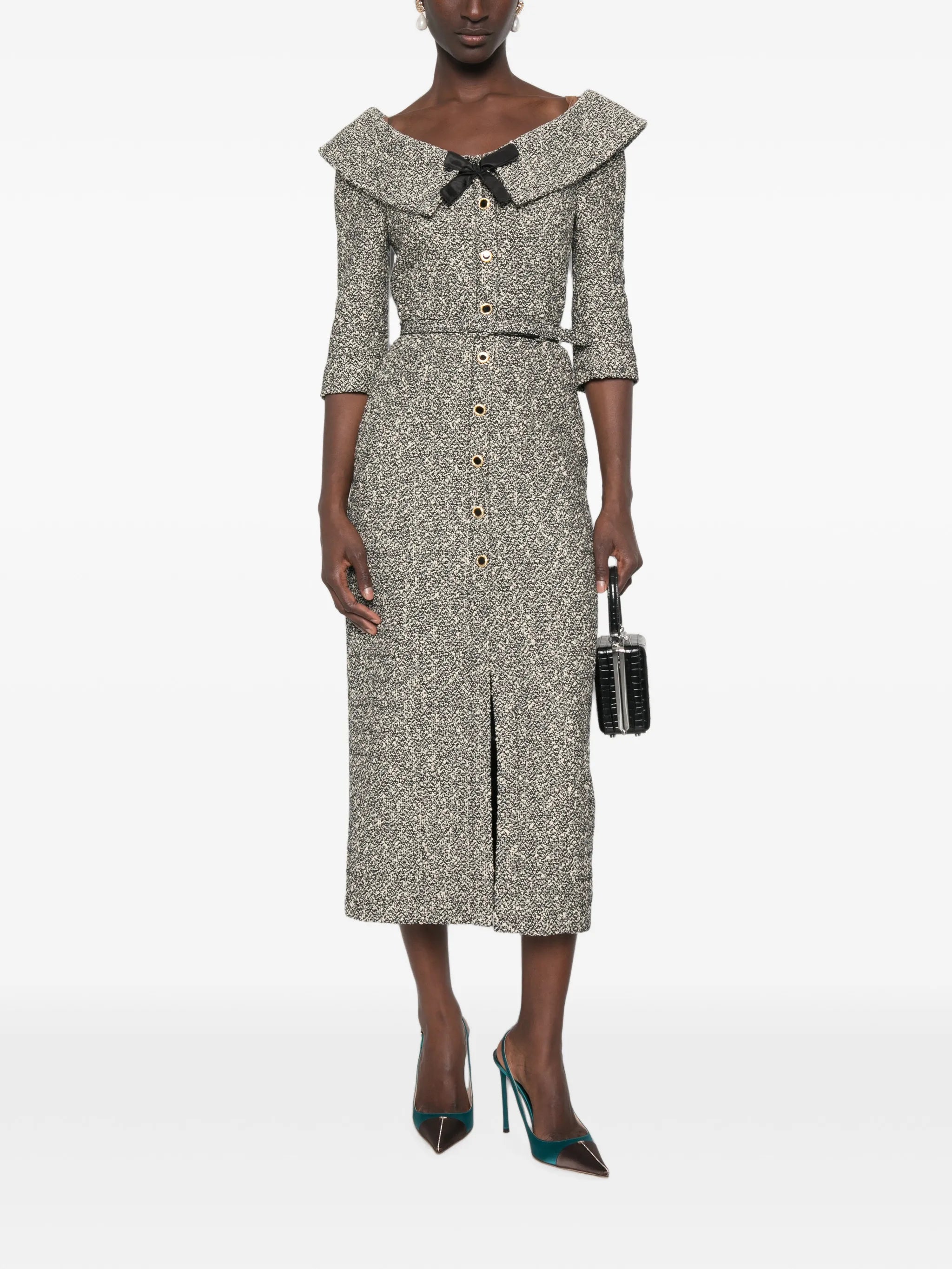 off-shoulder sequin-tweed midi dress