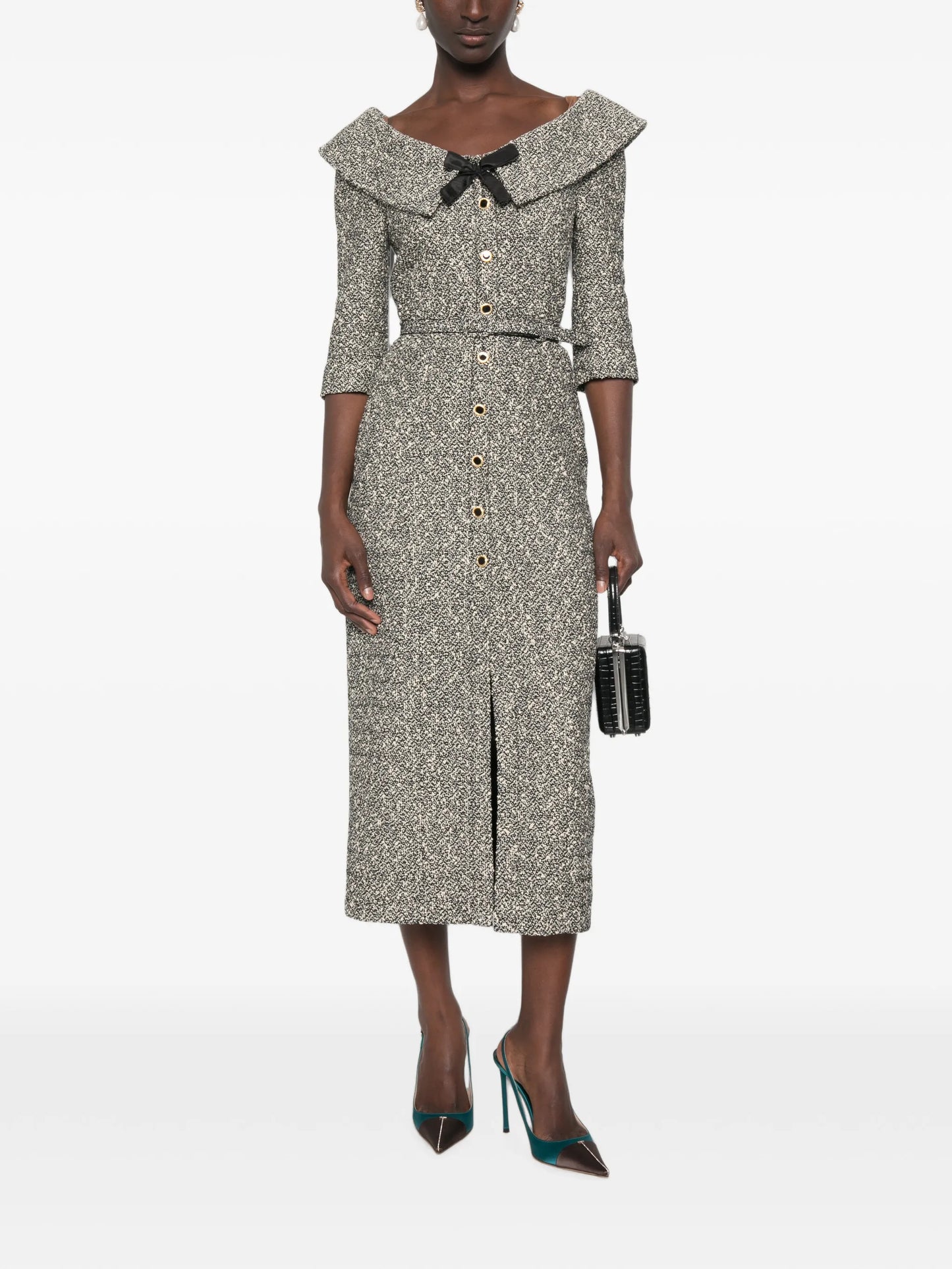 off-shoulder sequin-tweed midi dress