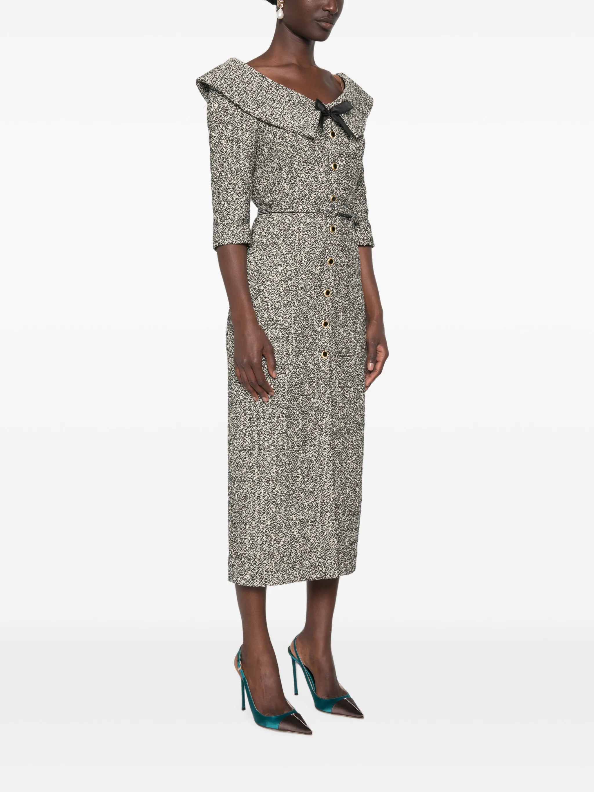 off-shoulder sequin-tweed midi dress