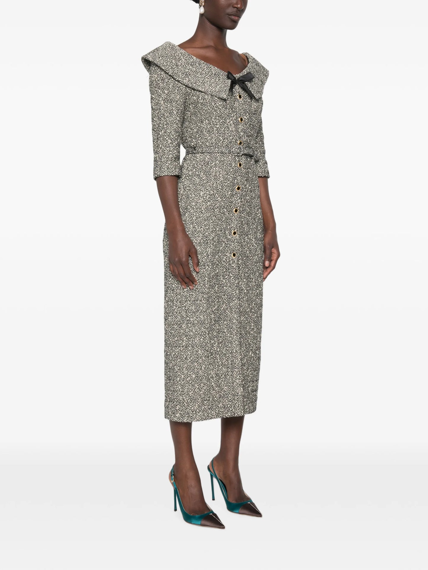off-shoulder sequin-tweed midi dress