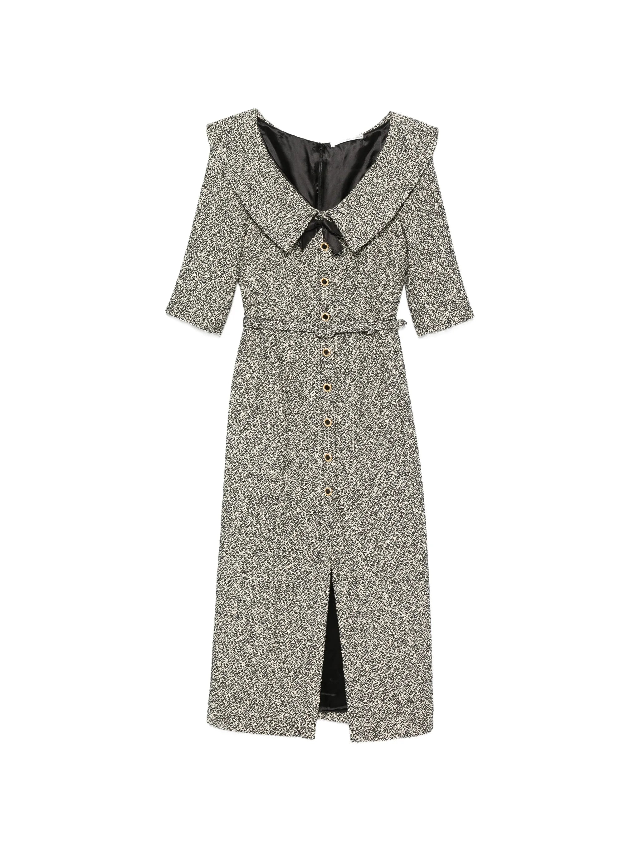 off-shoulder sequin-tweed midi dress