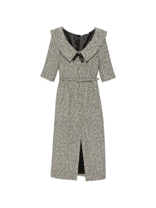 off-shoulder sequin-tweed midi dress