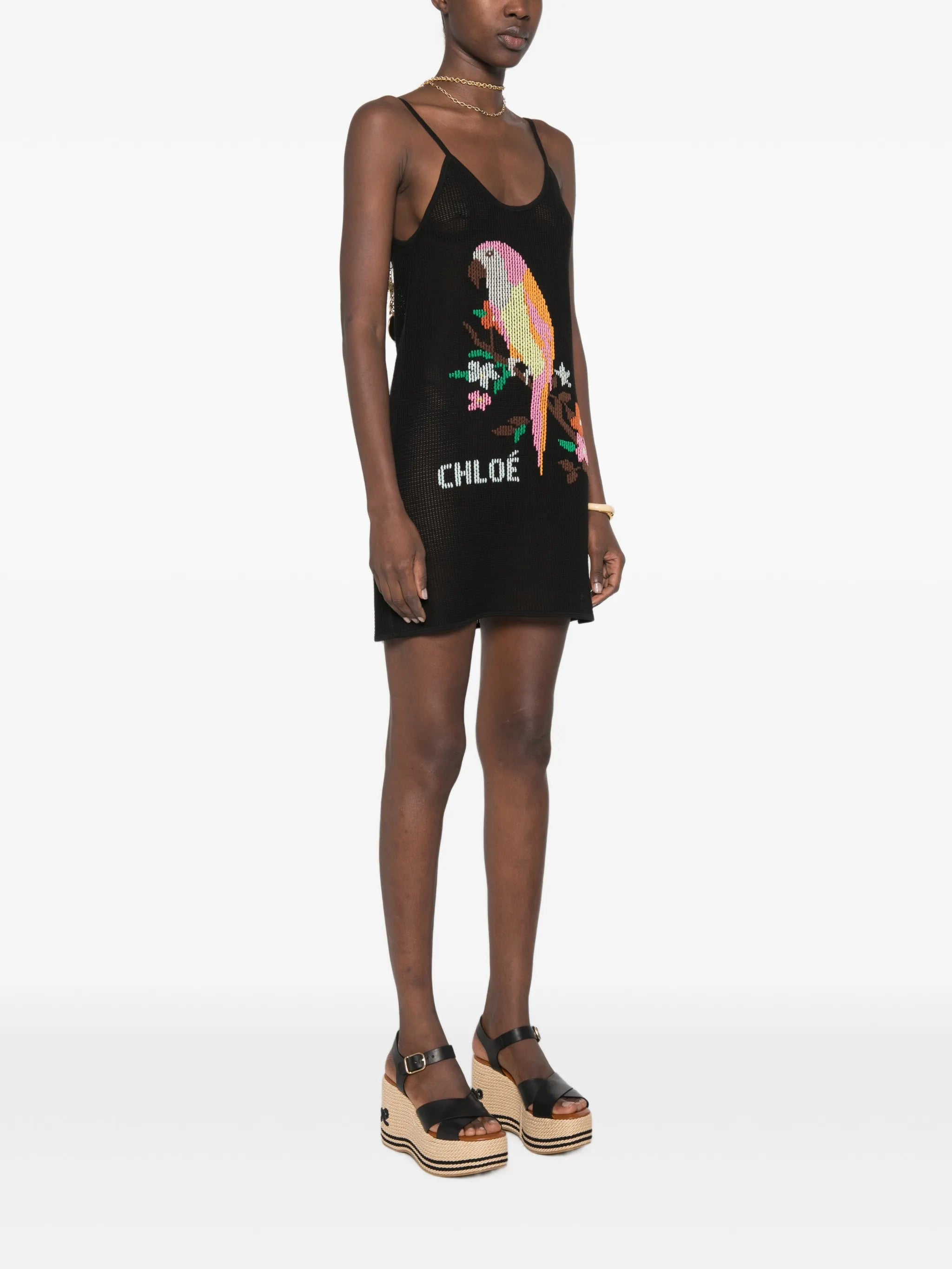 embroidered mesh-knit mini dress