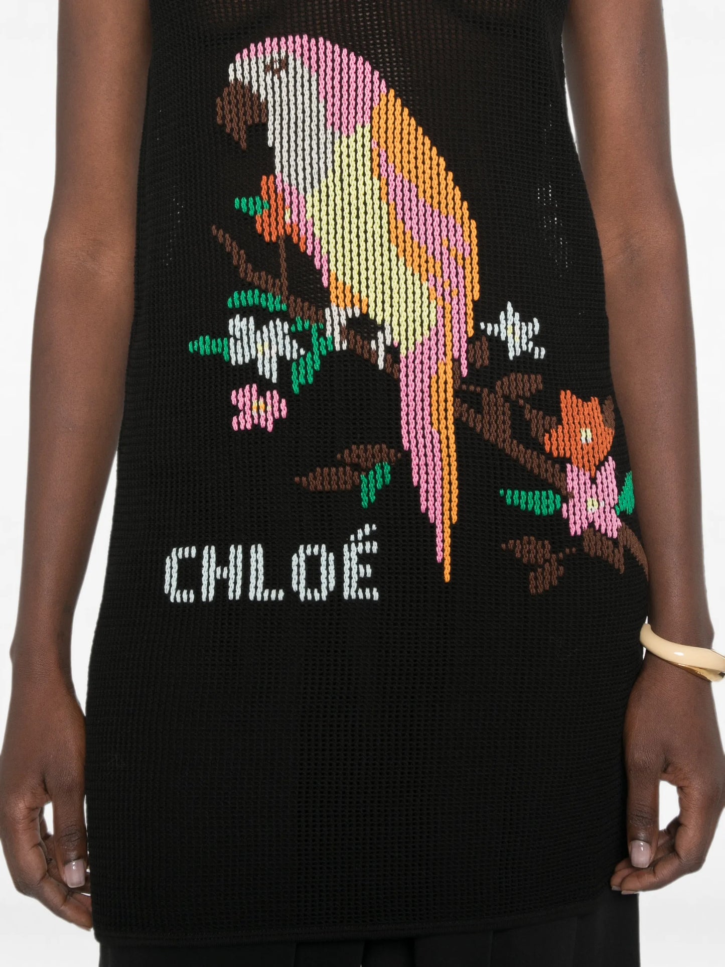 embroidered mesh-knit mini dress