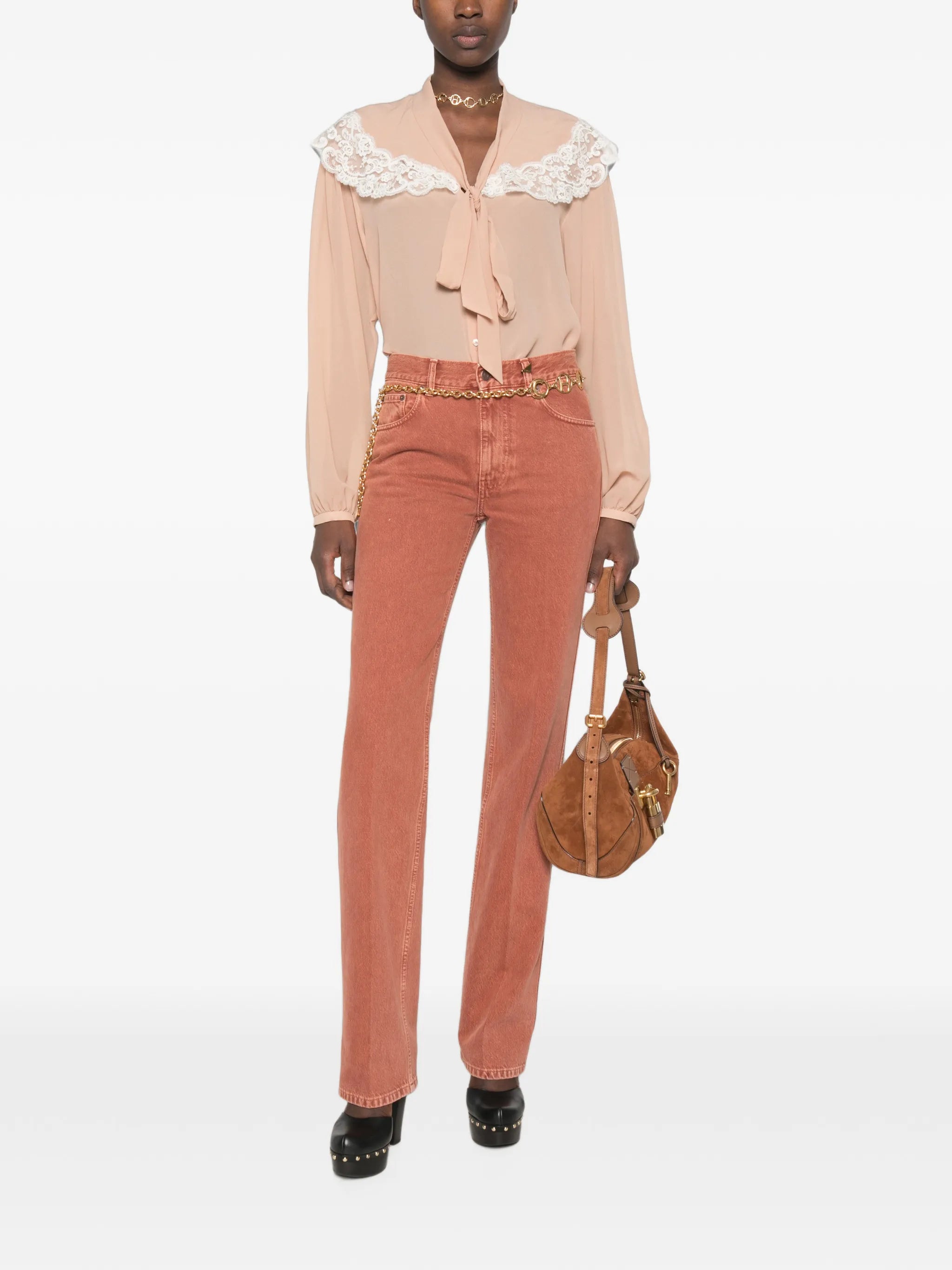 lace-trimmed silk-georgette blouse
