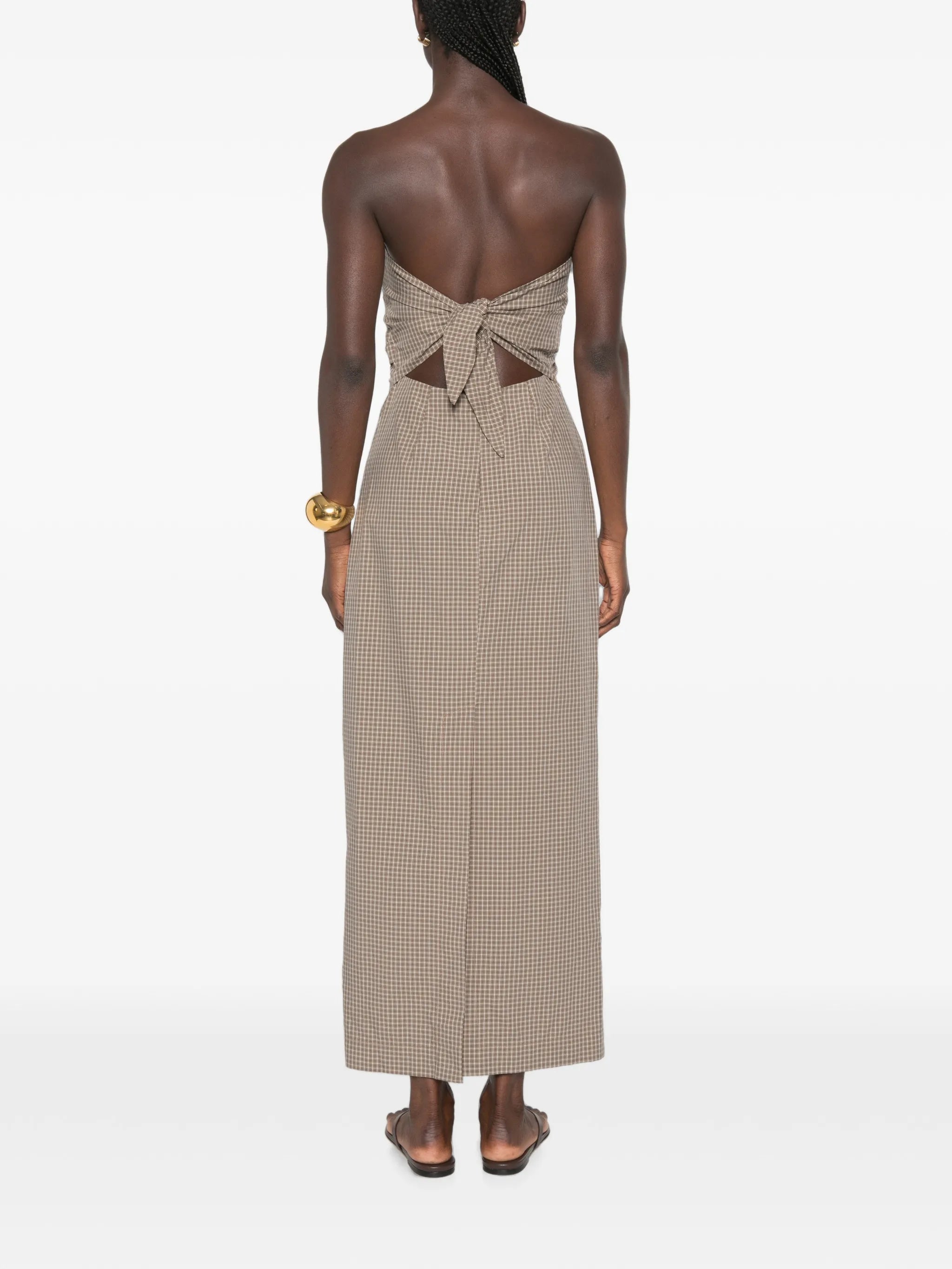 plaid-pattern tie-back maxi dress
