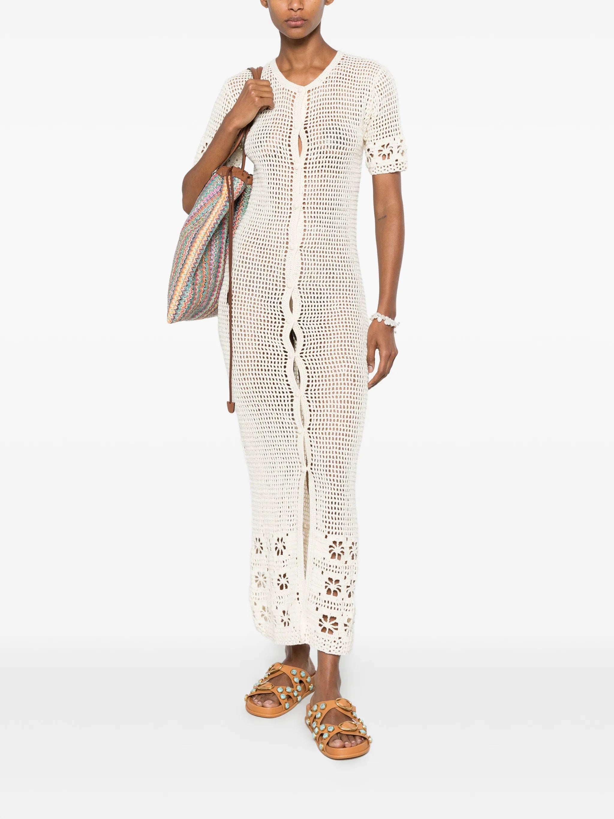 crochet-knit floral-detail maxi dress
