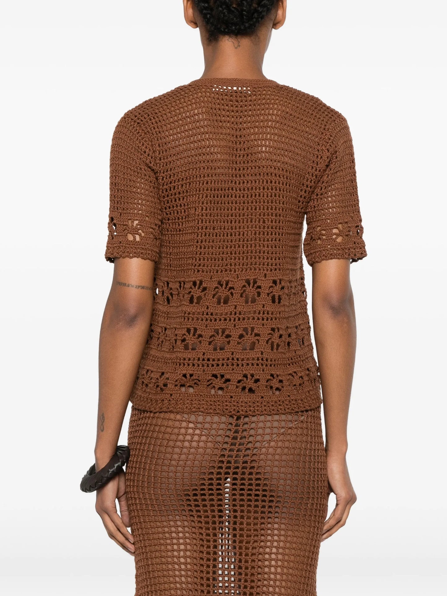 crochet-knit button-up cardigan