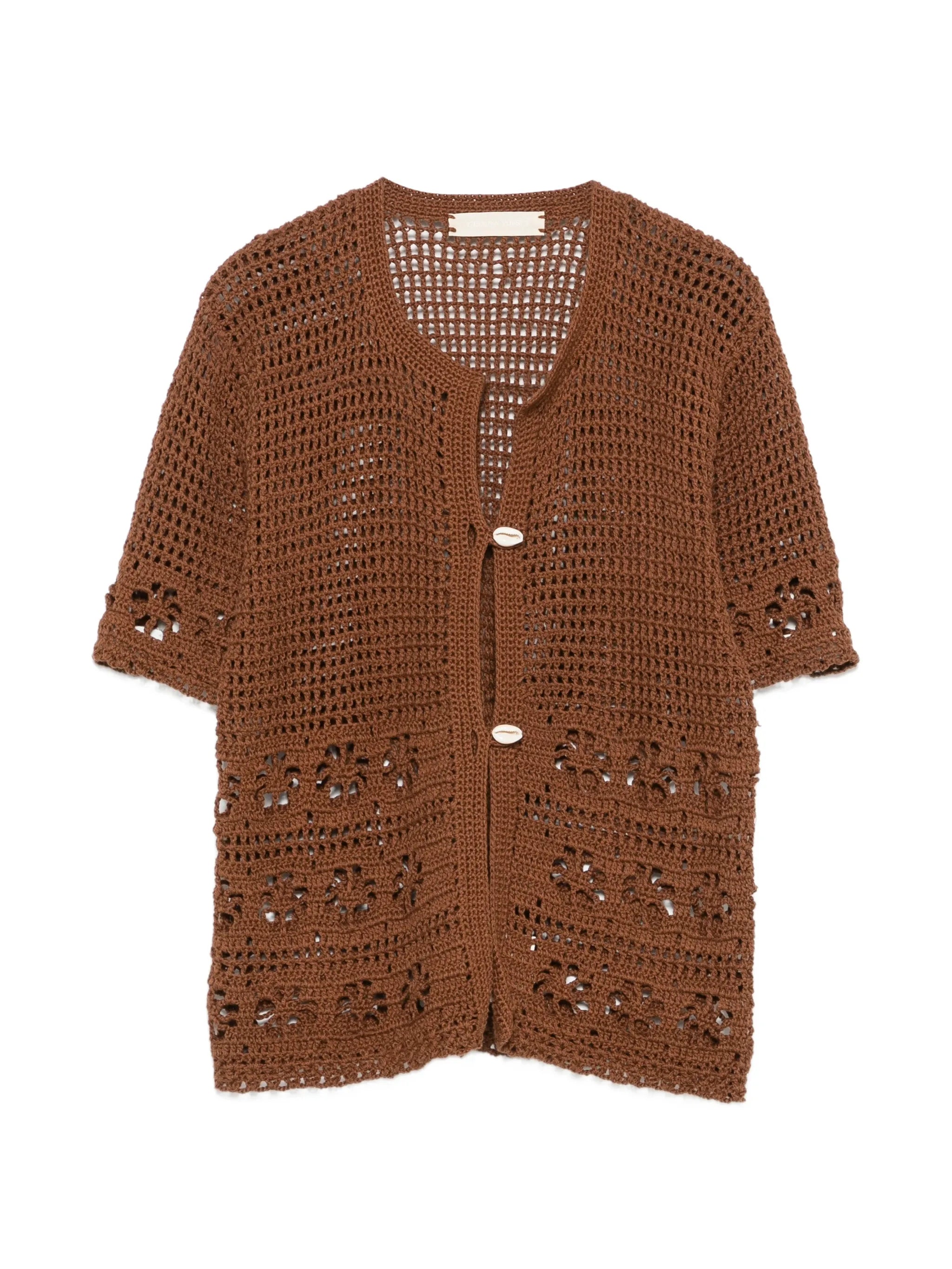 crochet-knit button-up cardigan