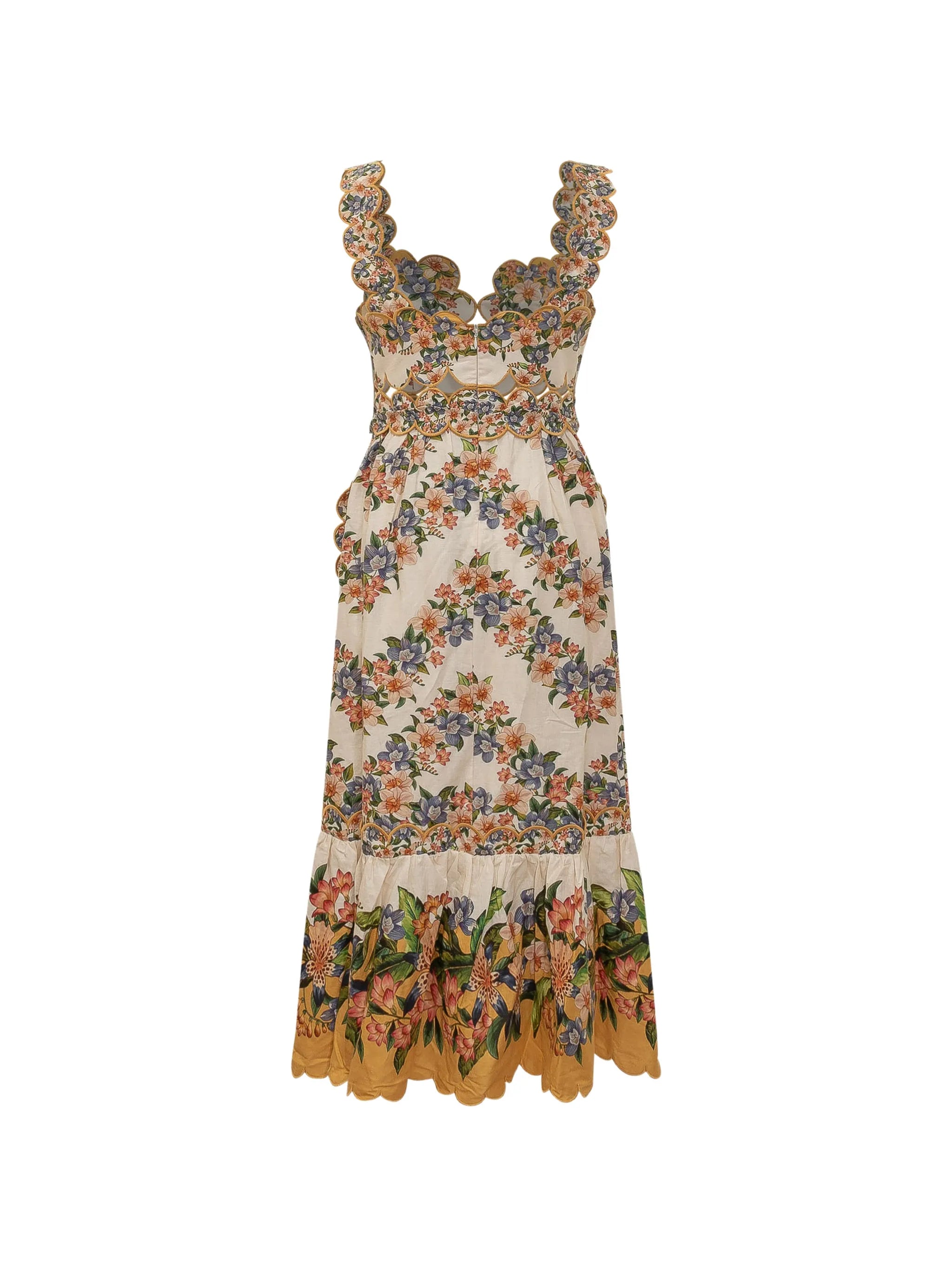Sand Hilo floral scalloped midi dress
