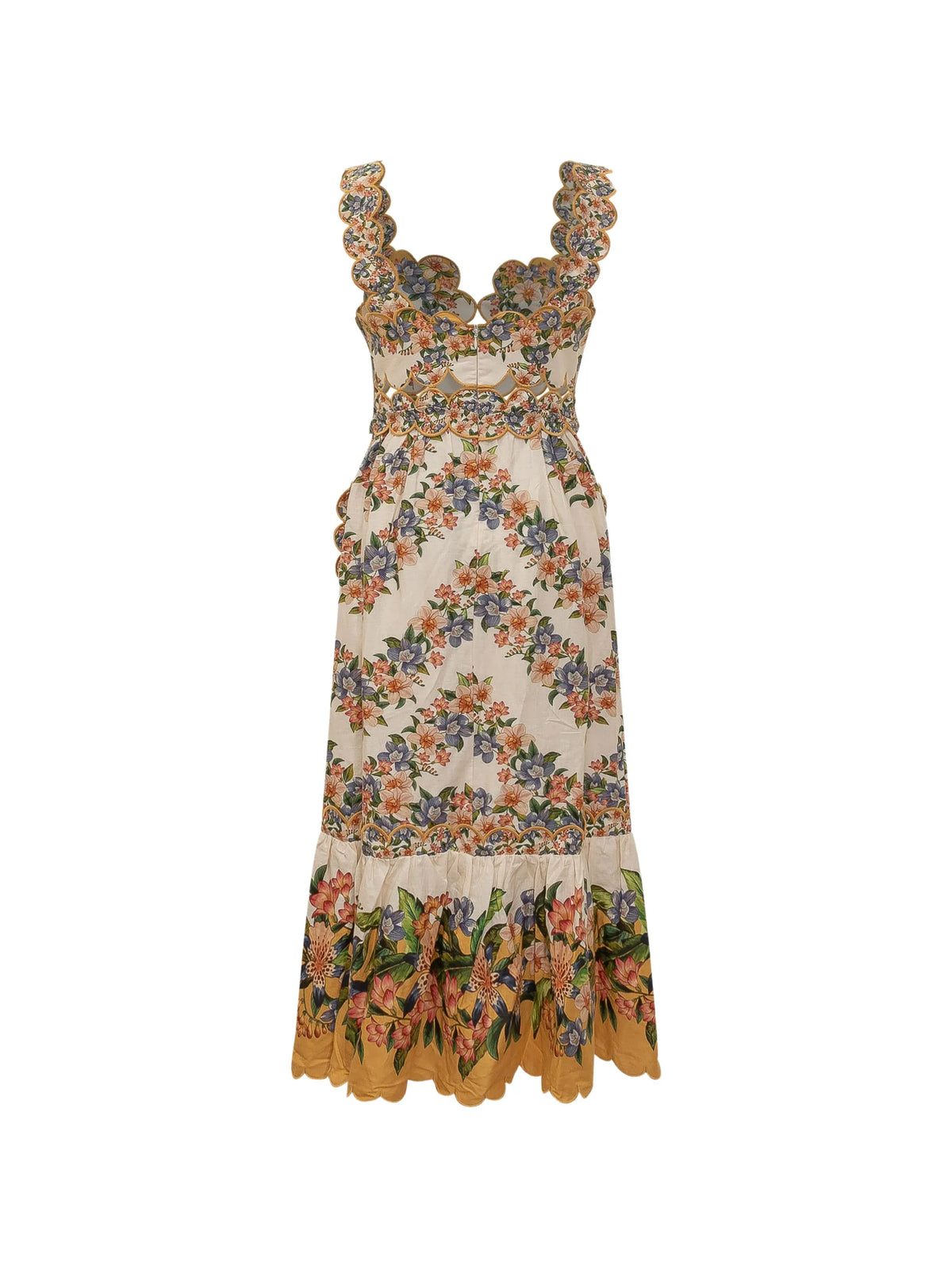 Sand Hilo floral scalloped midi dress
