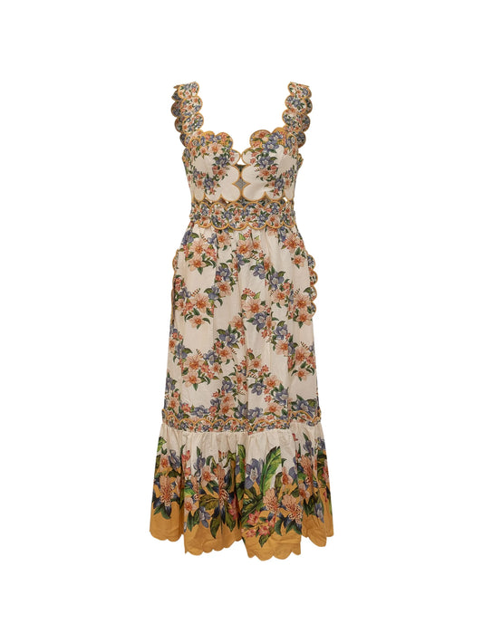 Sand Hilo floral scalloped midi dress