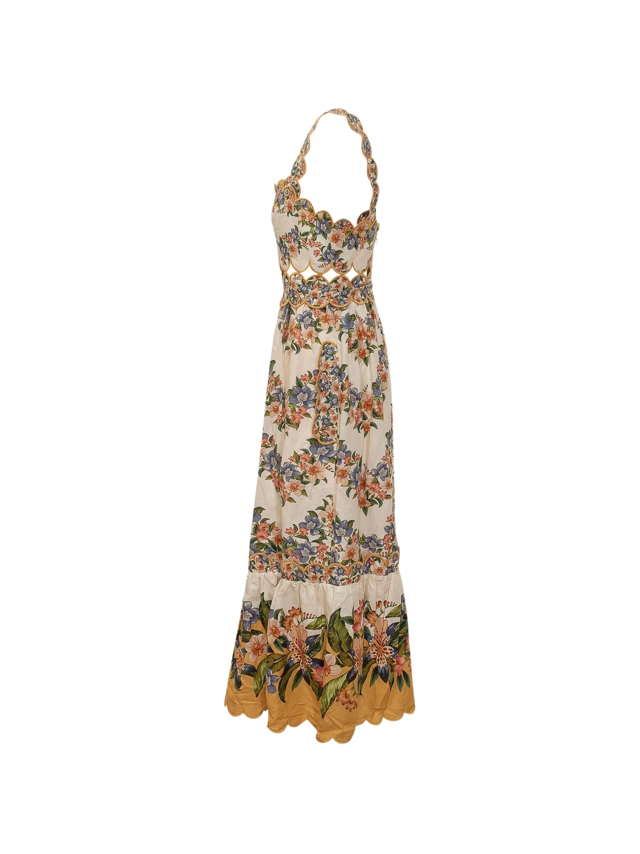 Sand Hilo floral scalloped midi dress